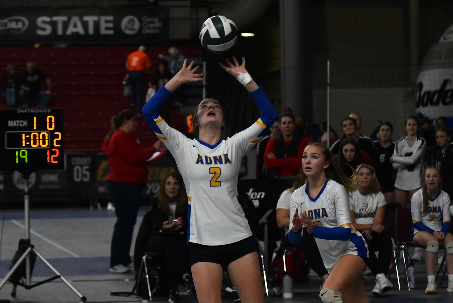 Adna setter Brooklyn Loose puts one up during the Pirates' loss to Colfax in the quarterfinals of the 2B state tournament on Nov. 10 in Yakima.
