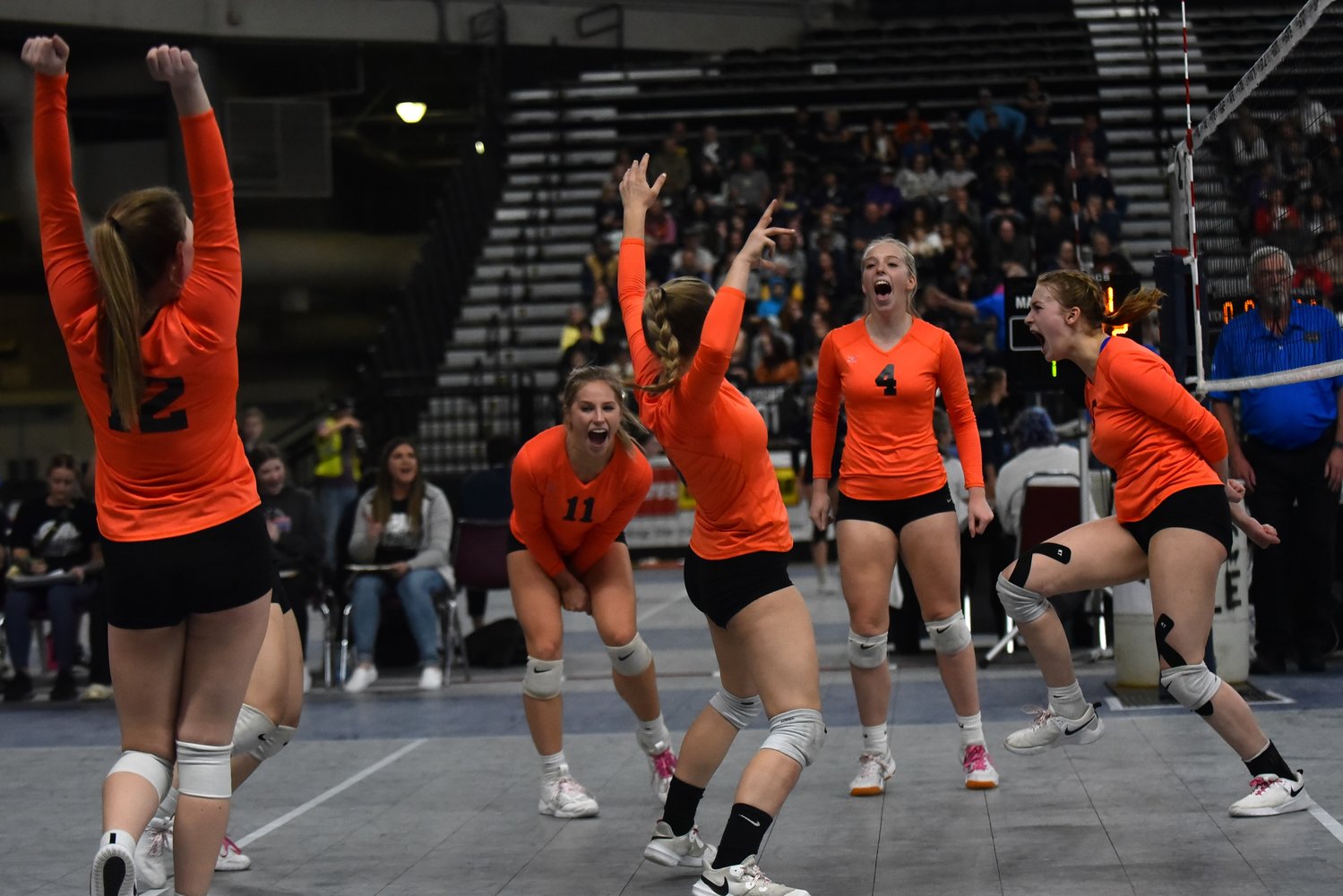Napavine celebrates a point during its four-set win over Forks in a loser-out match in Yakima in the second round of the 2B state tournament on Nov. 10.