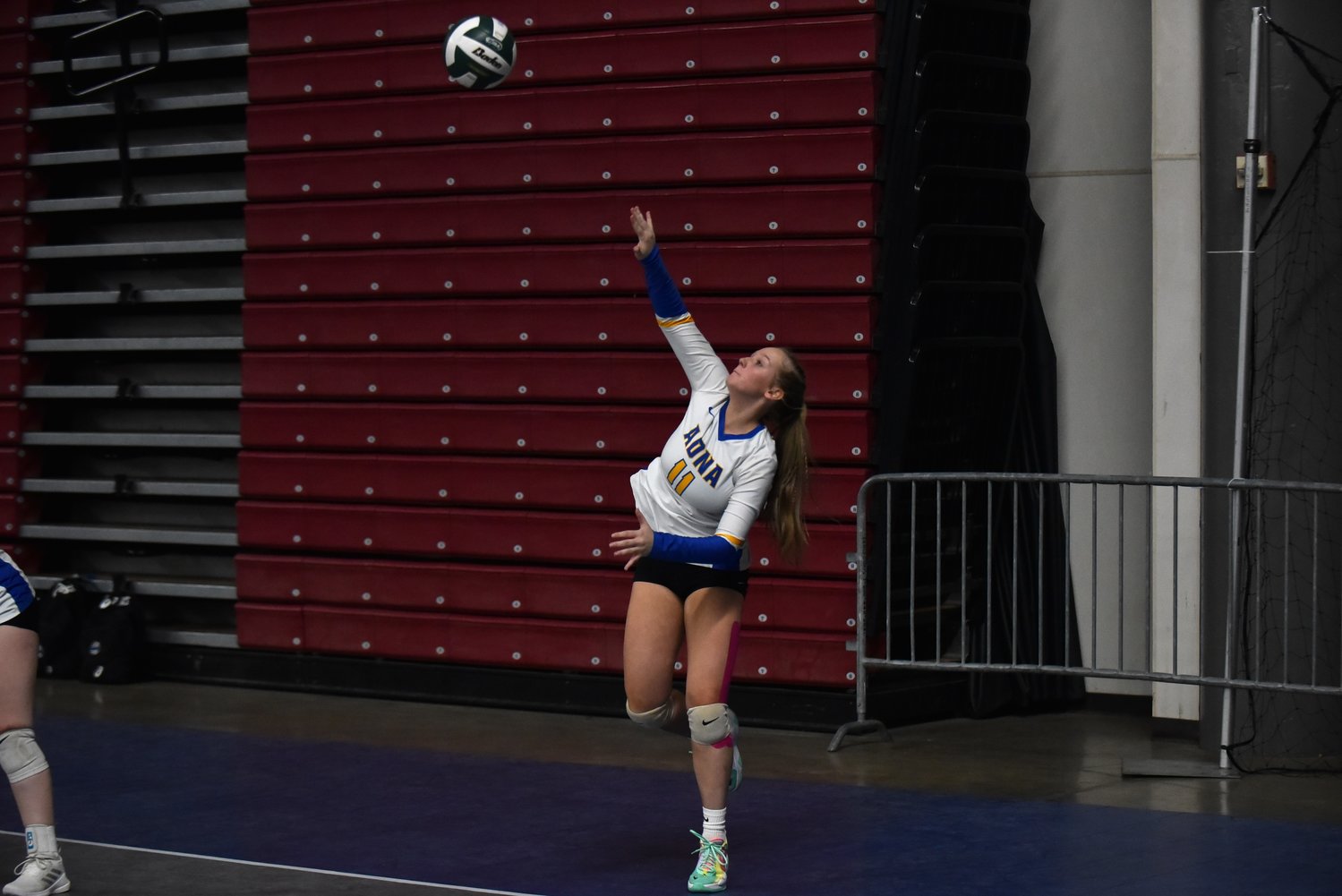 Kendall Humphrey serves the ball during Adna's loss to Colfax in the second round of the 2B state tournament on Nov. 10 in Yakima.