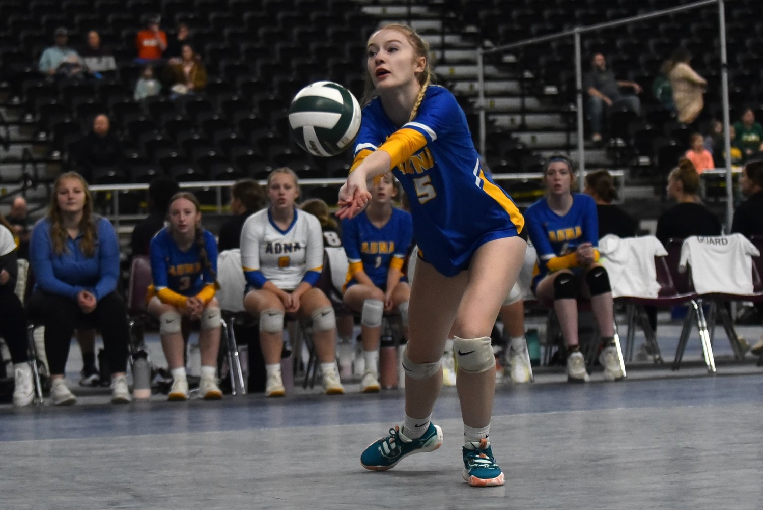 Gaby Guard digs up a serve during Adna's four-set win over Toutle Lake in a loser-out match at the 2B state tournament on Nov. 11 in Yakima.
