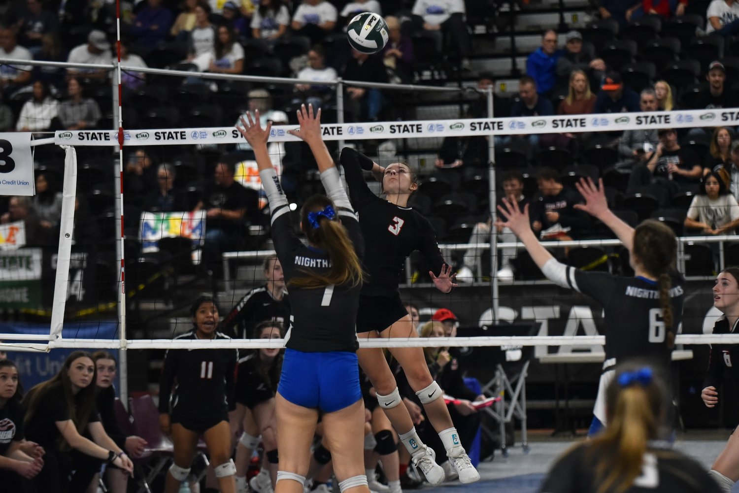Erin Cournyer hits from the backside during Mossyrock's three-set loss to No. 1 Oakesdale in the 1B state title game, on Nov. 11 in Yakima.