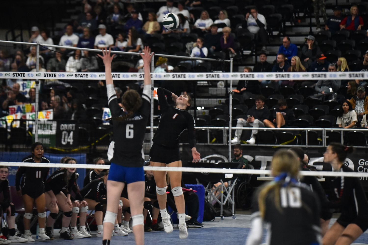 Payton Torrey goes up at the net for Mossyrock during the Vikings' three-set loss to No. 1 Oakesdale in the 1B state title game, on Nov. 11 in Yakima.