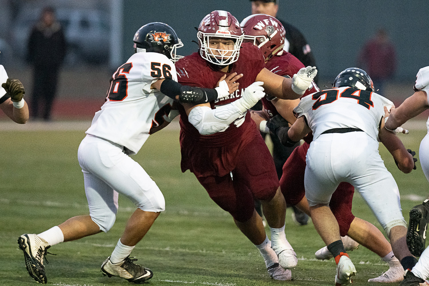 W.F. West lineman Daniel Matagi breaks through the Ephrata line Nov. 11 at Centralia Tiger Stadium in the first round of the state playoffs.