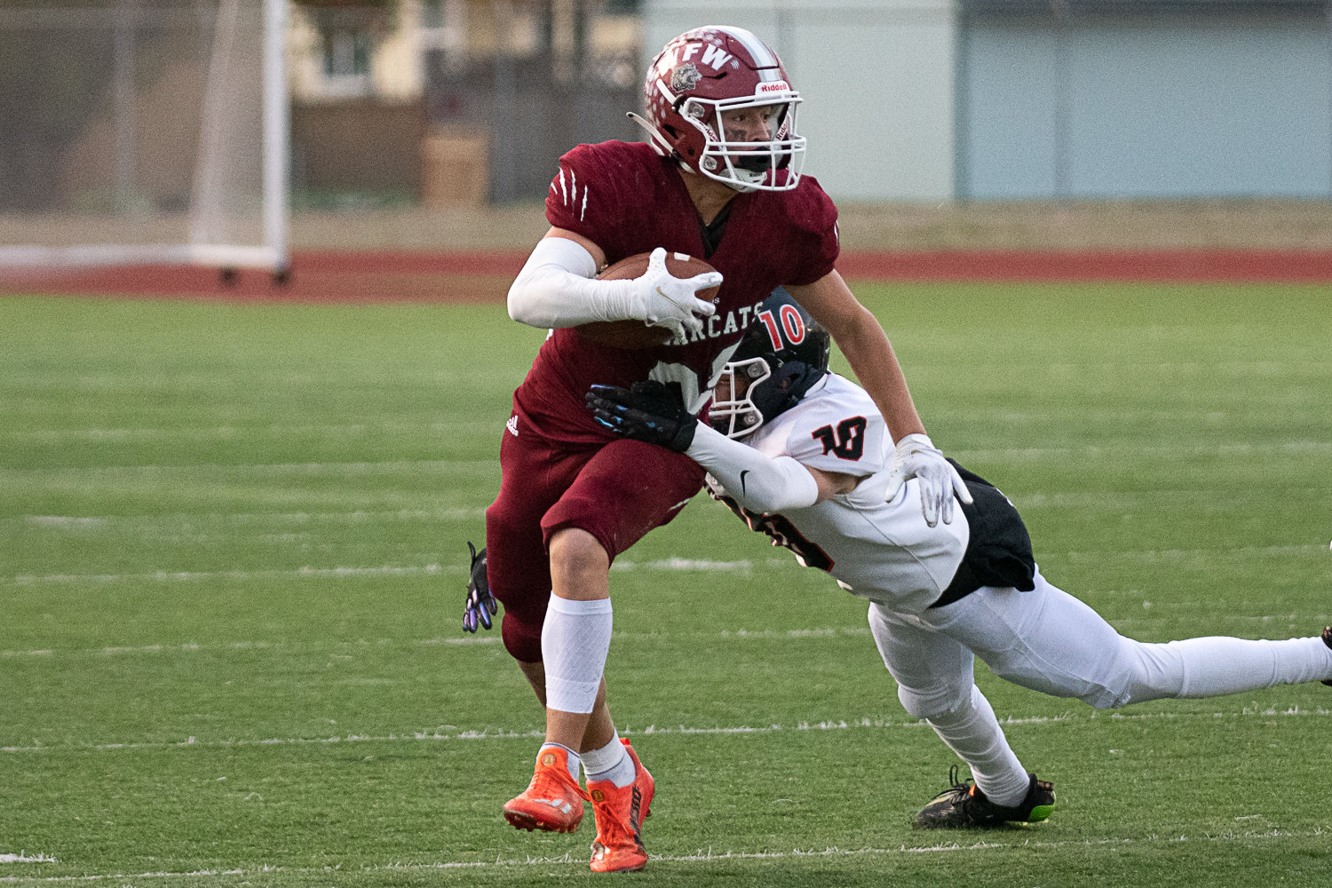W.F. West receiver Evan Stajduhar breaks a tackle against Ephrata Nov. 11 at Centralia Tiger Stadium in the first round of the state playoffs.