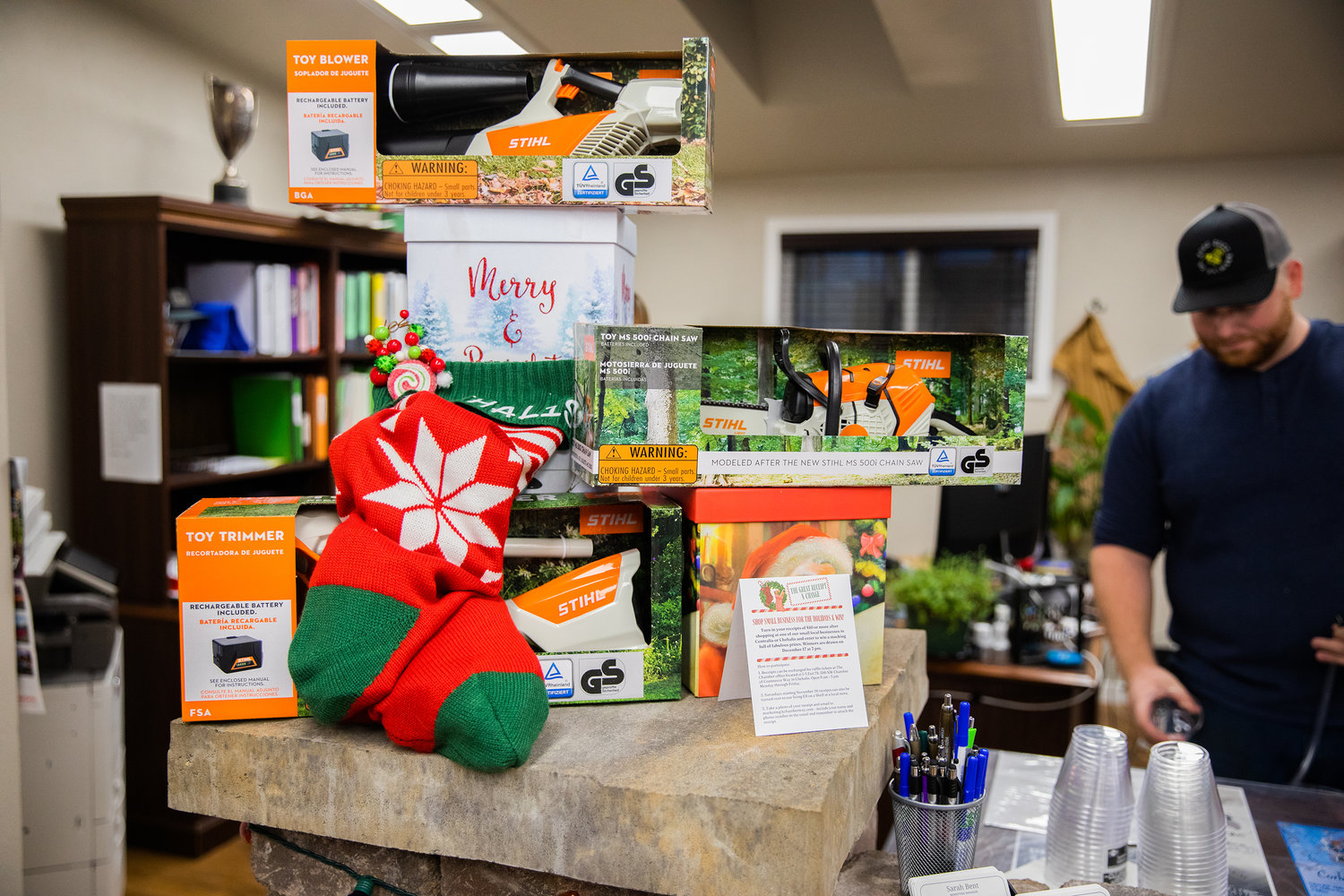 STIHL products sit on display inside the Centralia-Chehalis Chamber of Commerce building Thursday evening.