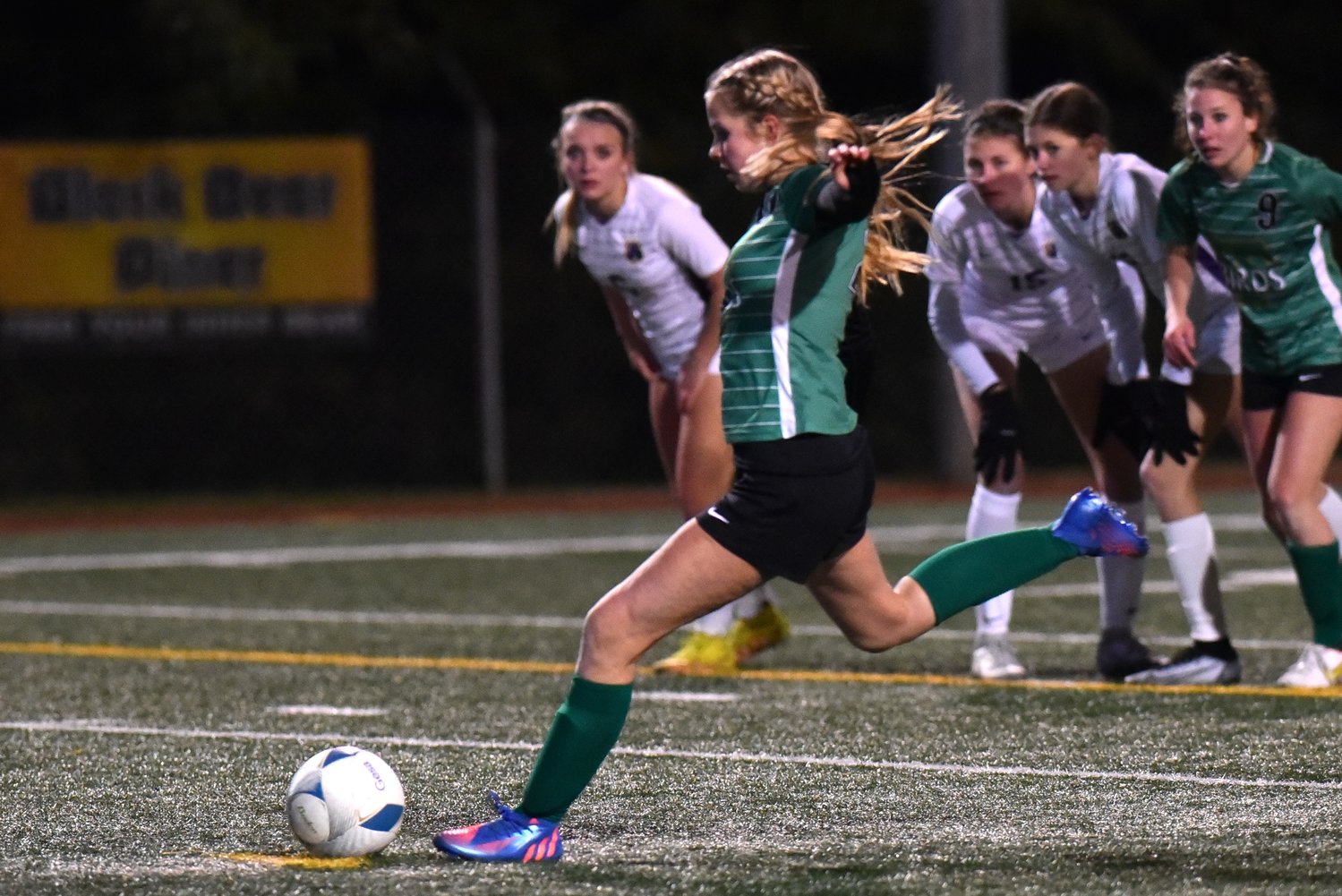 Kayla Pope takes a penalty kick to score Tumwater's lone goal in the T-Birds' 3-1 loss to Columbia River in the semifinals of the 2A state soccer tournament, Nov. 18 in Shoreline.