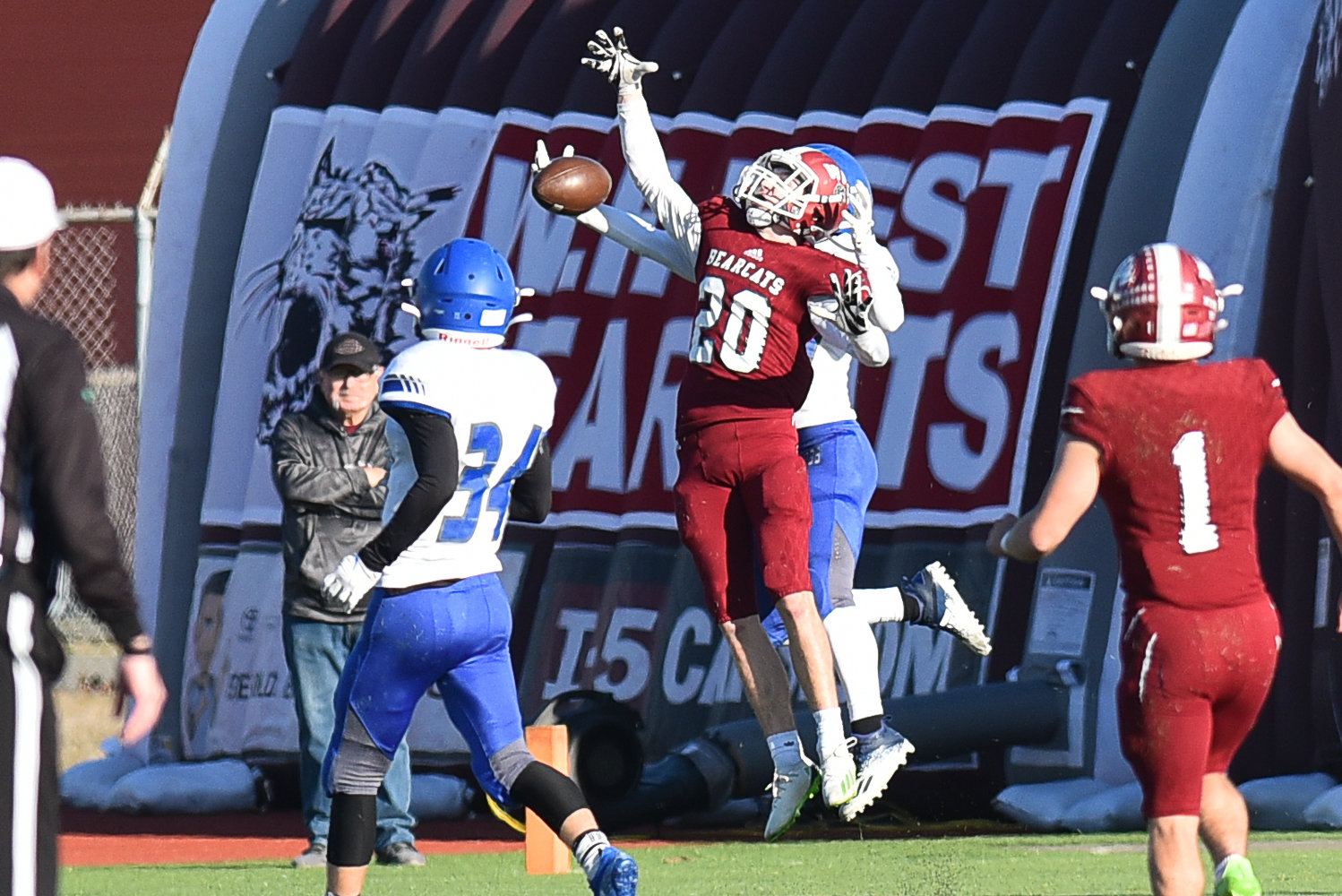 W.F. West's Cody Pennington breaks up a pass during the second quarter of the Bearcats' 31-14 win over Sedro-Woolley in the 2A state quarterfinals, at Centralia Tiger Stadium on Nov. 19.