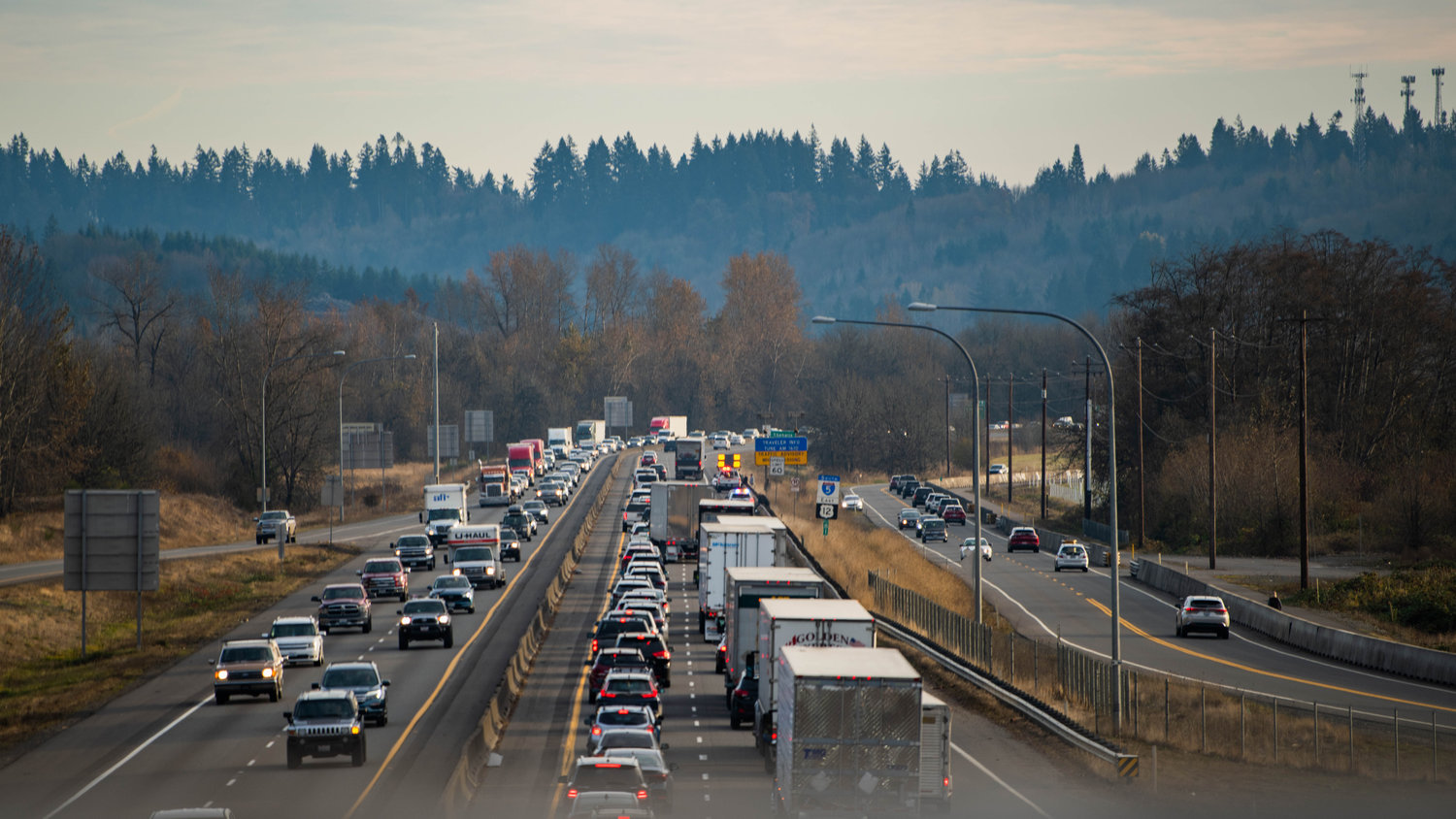 FILE PHOTO — Traffic backs up along Interstate 5 in Centralia as WSDOT responds to the scene of a crash in November.