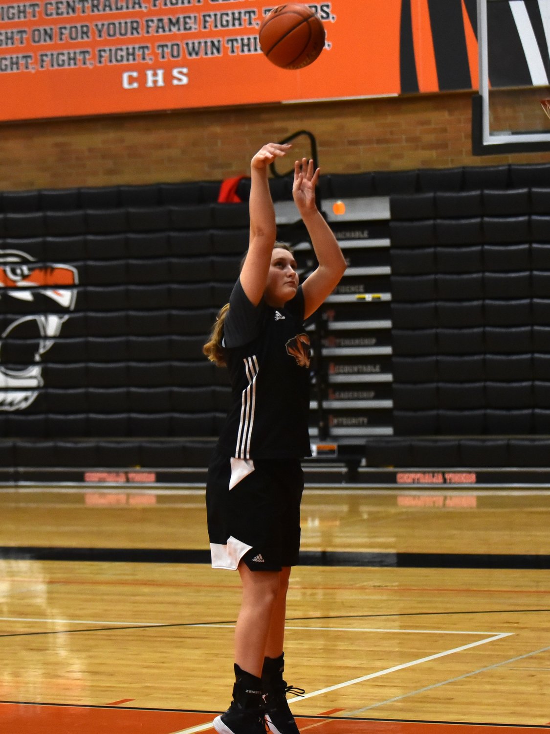 Centralia junior Emily Wilkerson shoots the ball during a drill at the Tigers' practice on Nov. 23.
