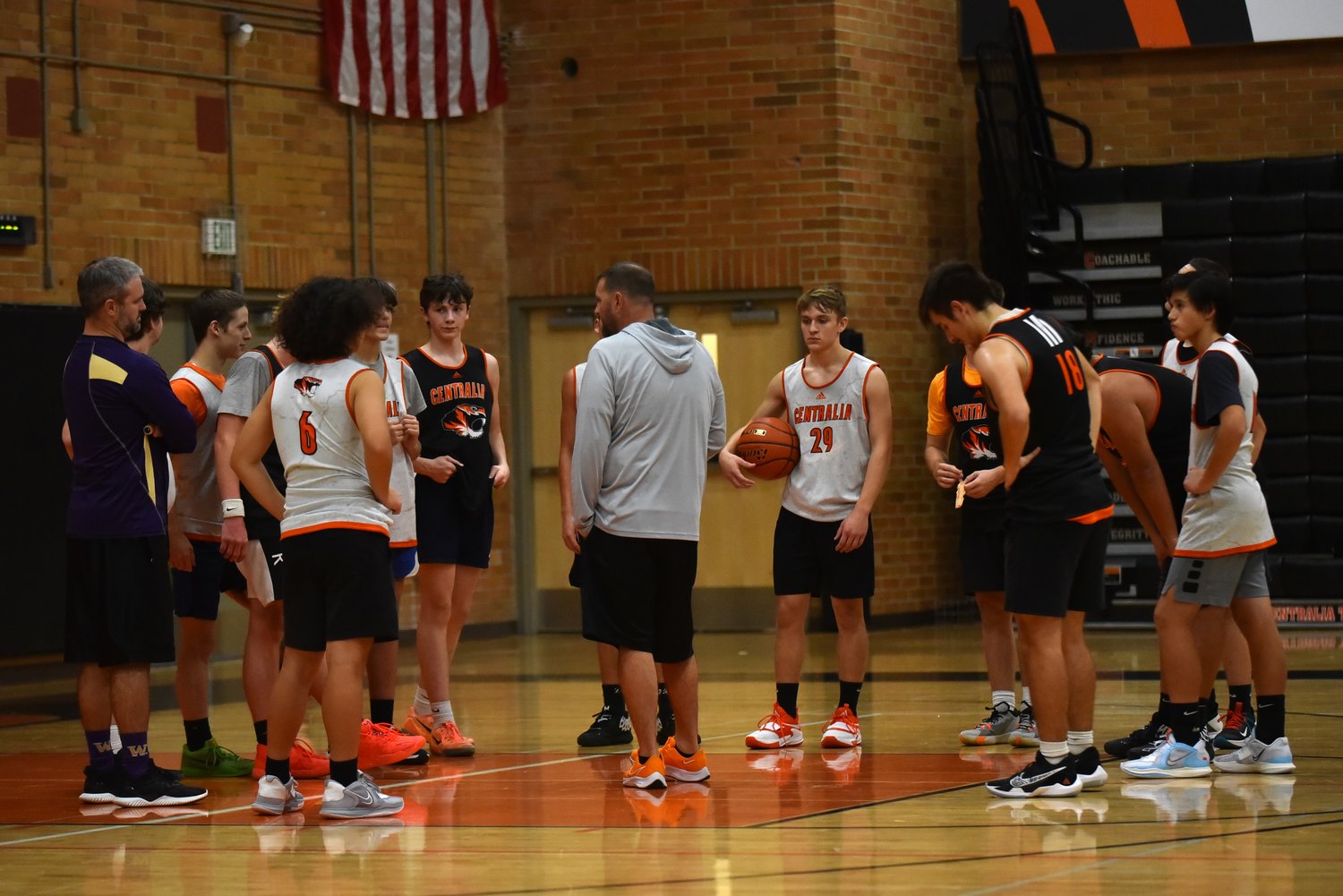 Centralia coach Kyle Donahue talks to his team at the end of the Tigers' practice on Nov. 23.