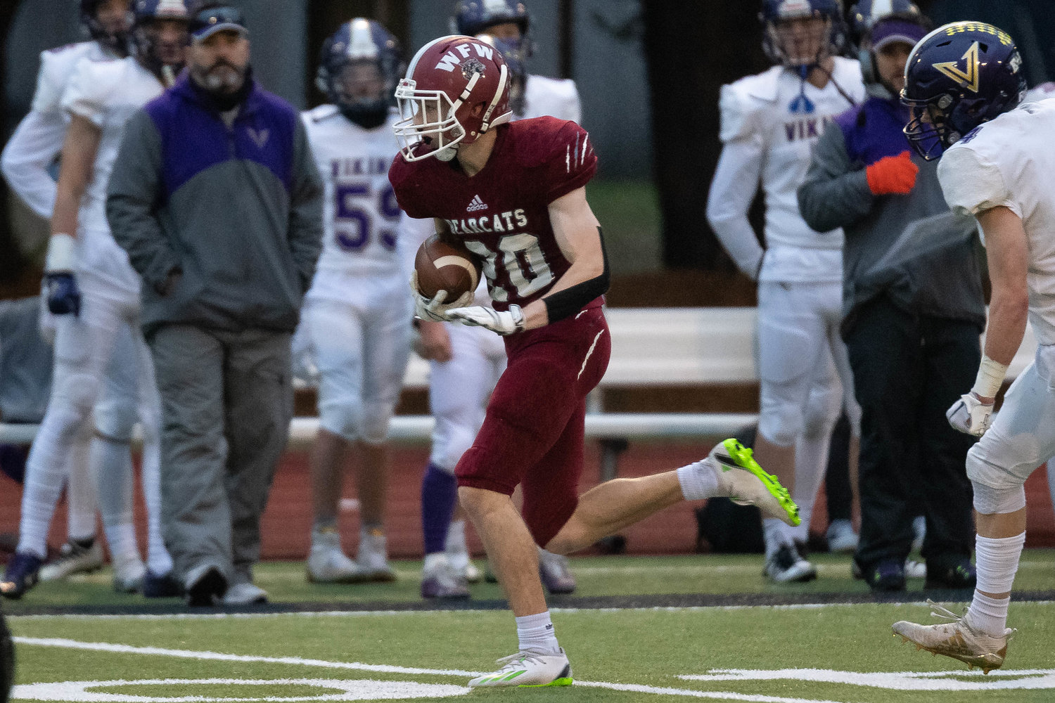 W.F. West receiver Cody Pennington looks for extra yards after a catch against North Kitsap in the 2A state semifinals Nov. 26 at Tumwater District Stadium.