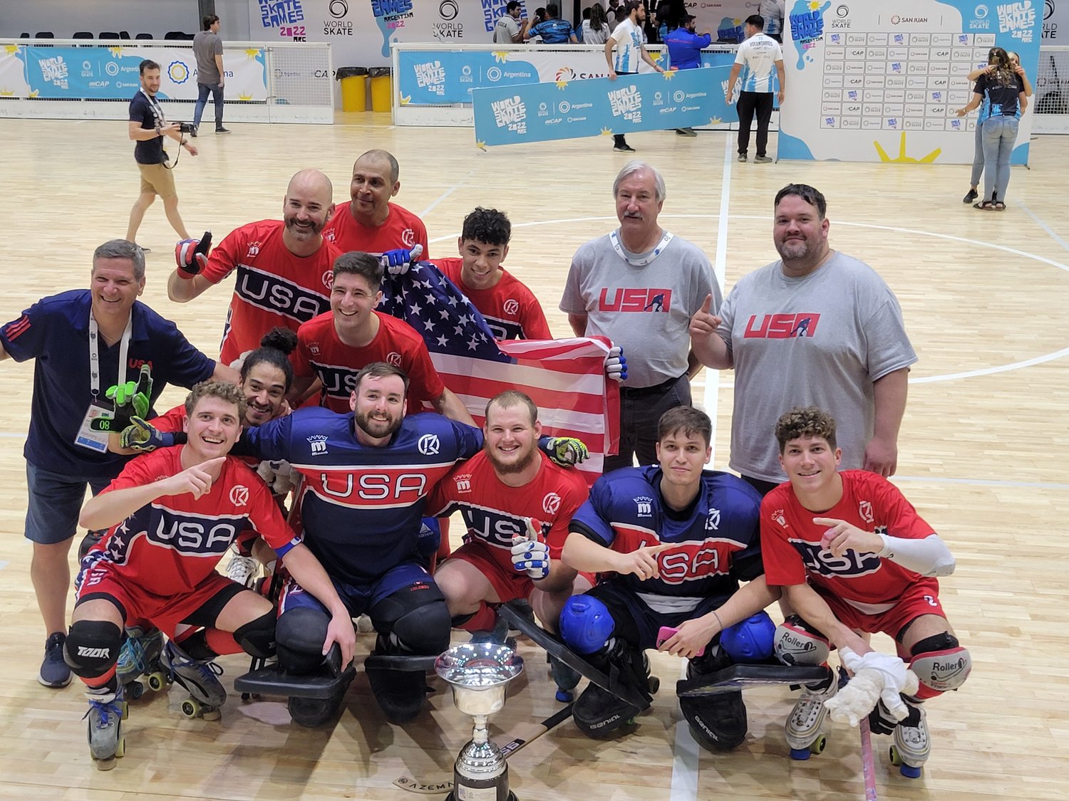 Team USA celebrates winning their division and the Challengers Cup at the World Roller Games in San Juan, Argentina earlier this fall.