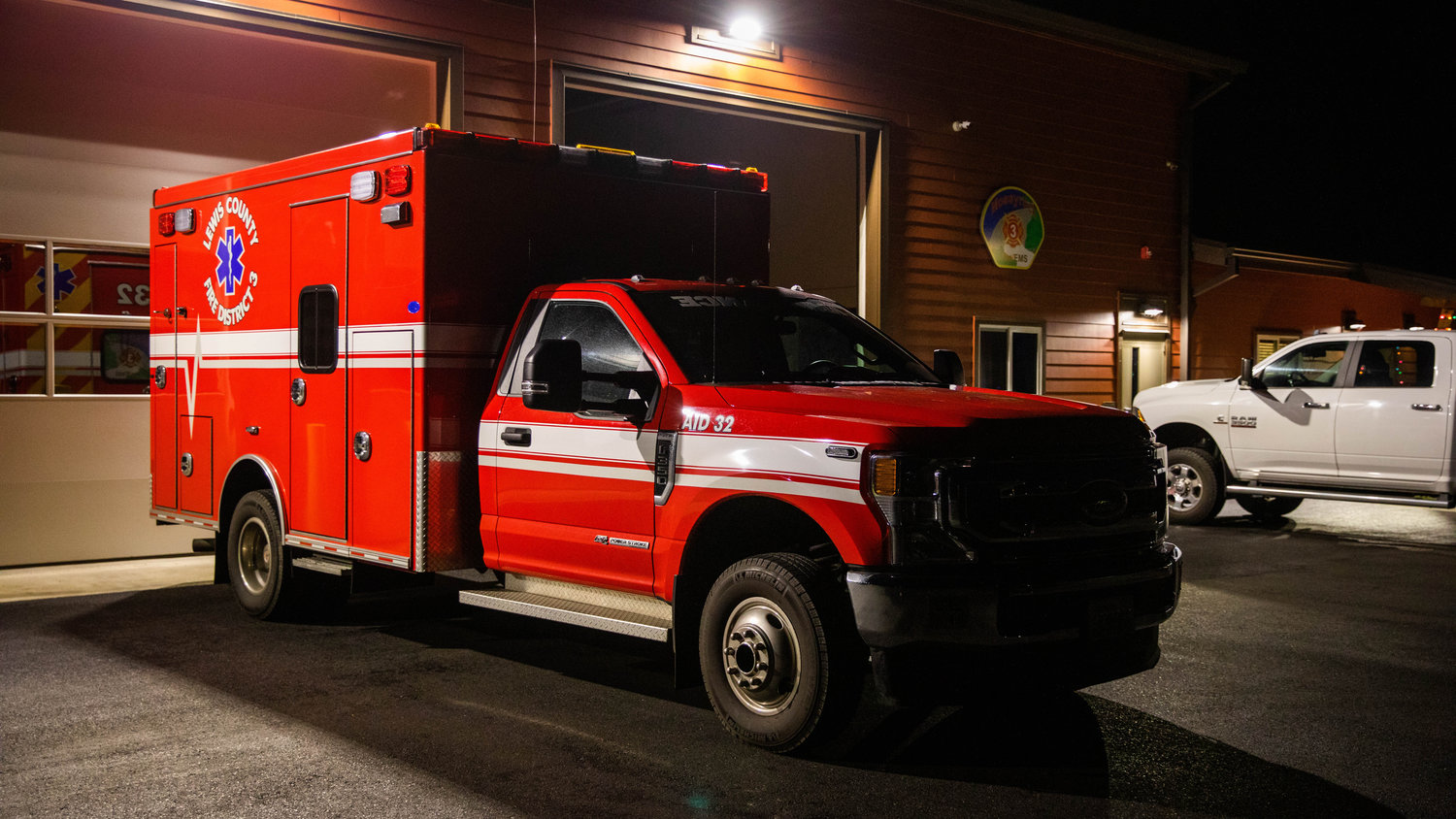 A new ambulance sits on display Monday night outside the Lewis County Fire District 3 building in Mossyrock.