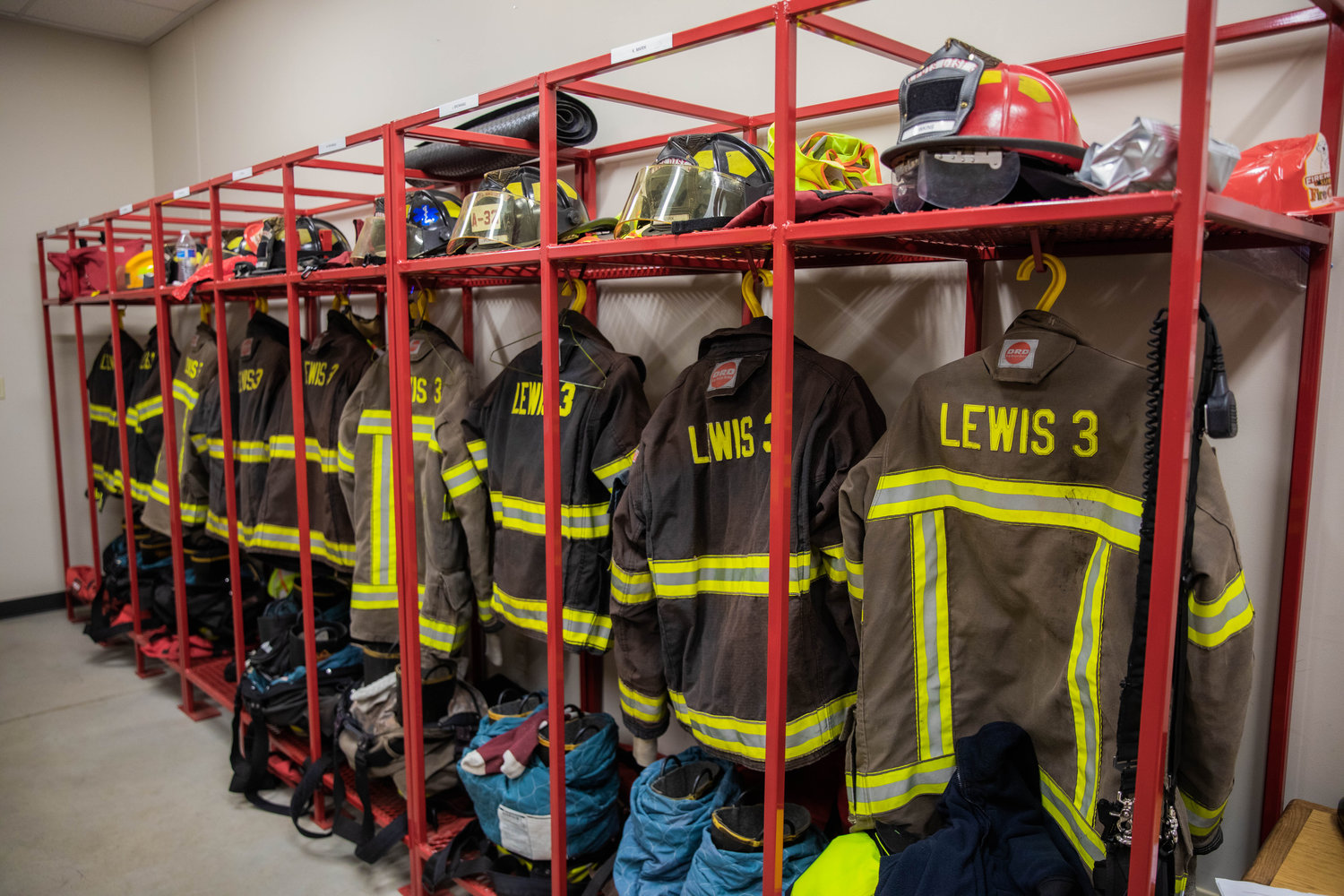 Gear sits on display Monday night at the Lewis County Fire District 3 building in Mossyrock.