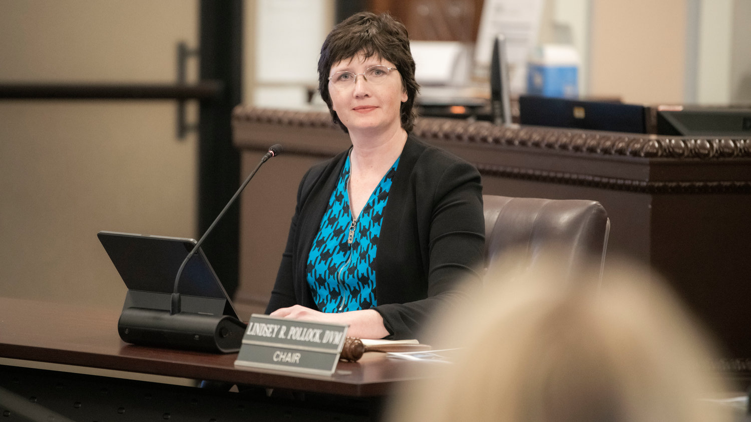 Commissioner Lindsey Pollock attends a 2023 Preliminary Budget Review meeting on Tuesday at the Lewis County Courthouse in Chehalis.