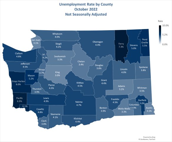 Unemployment rates are shown by county in this map provided by the Washington State Employment Security Department.