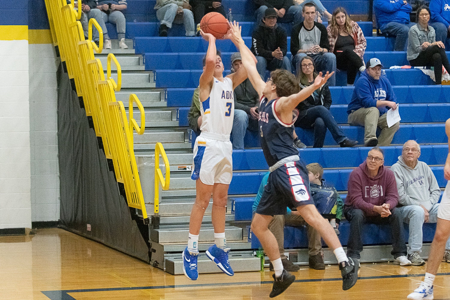 Adna's Braeden Salme puts up a 3-pointer during the first half of the Pirates' 67-60 win over Black Hills on Nov. 29.