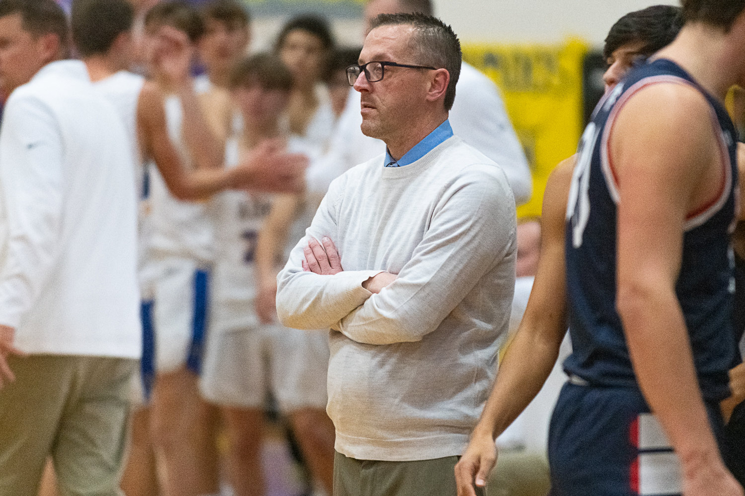 Black Hills head coach Jeff Gallagher takes in the action during the Wolves' 67-60 loss at Adna on Nov. 29.