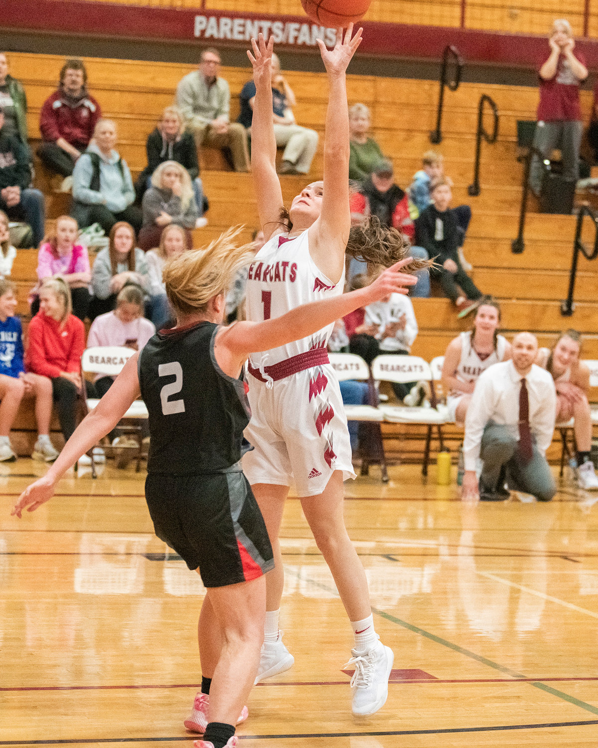 Bearcat freshman Hadley Hoffman (1) puts up a shot during a game against R.A. Long Tuesday night in Chehalis.