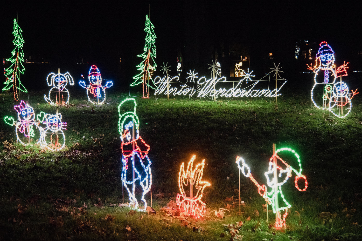 Lights illuminate characters and the words, “Winter Wonderland,” during a Christmas Lights Drive Thru at Borst Park in Centralia in 2021.