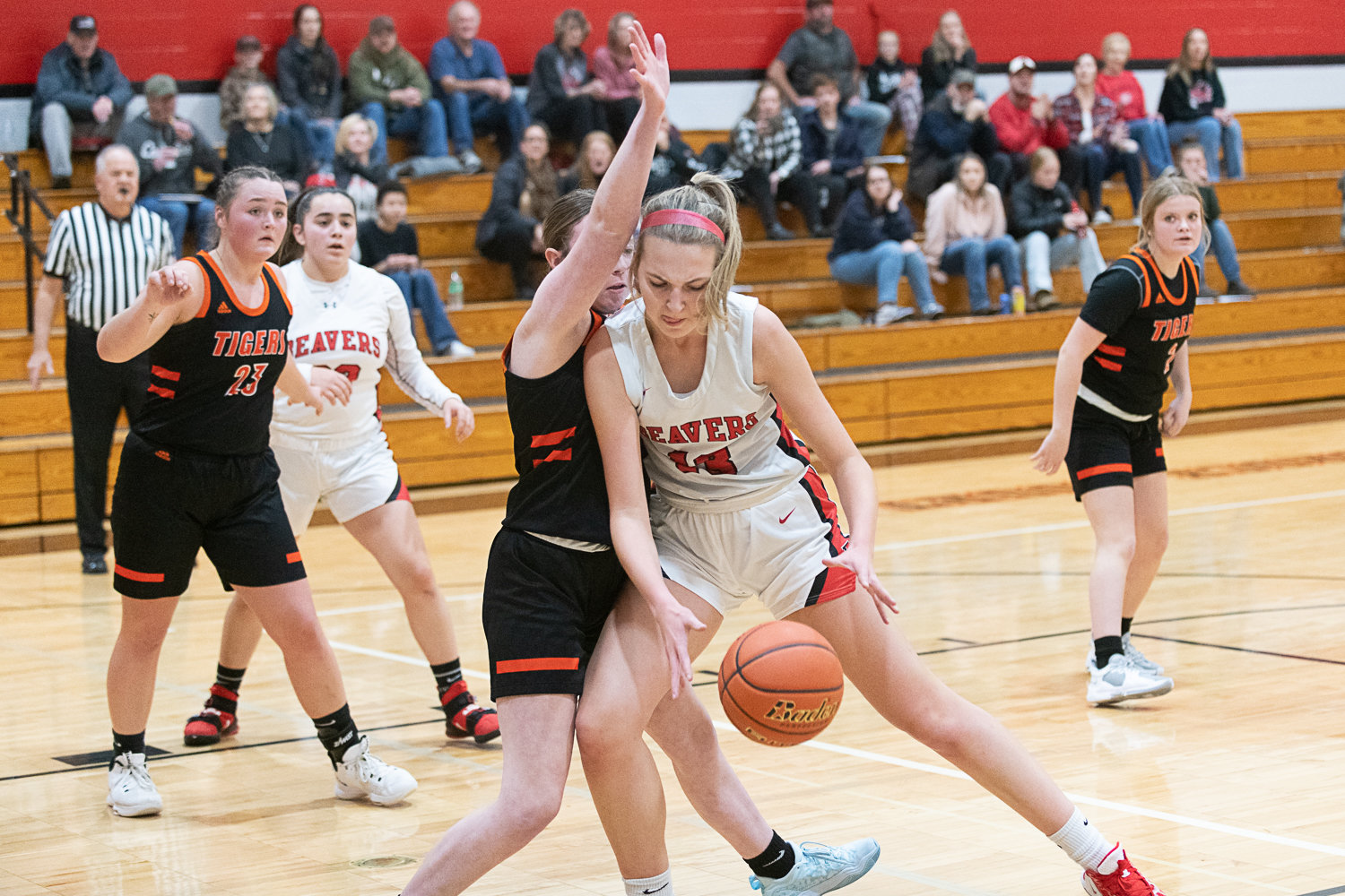 Tenino's Rilee Jones tries to go to work in the post during the first half of the Beavers' 56-16 loss to Centralia on Dec. 1.