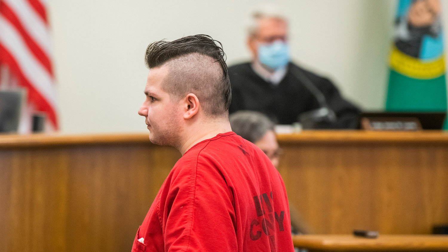 Cristopher Allen Gaudreau appears in Lewis County Superior Court during a sentencing hearing Wednesday morning in Chehalis.