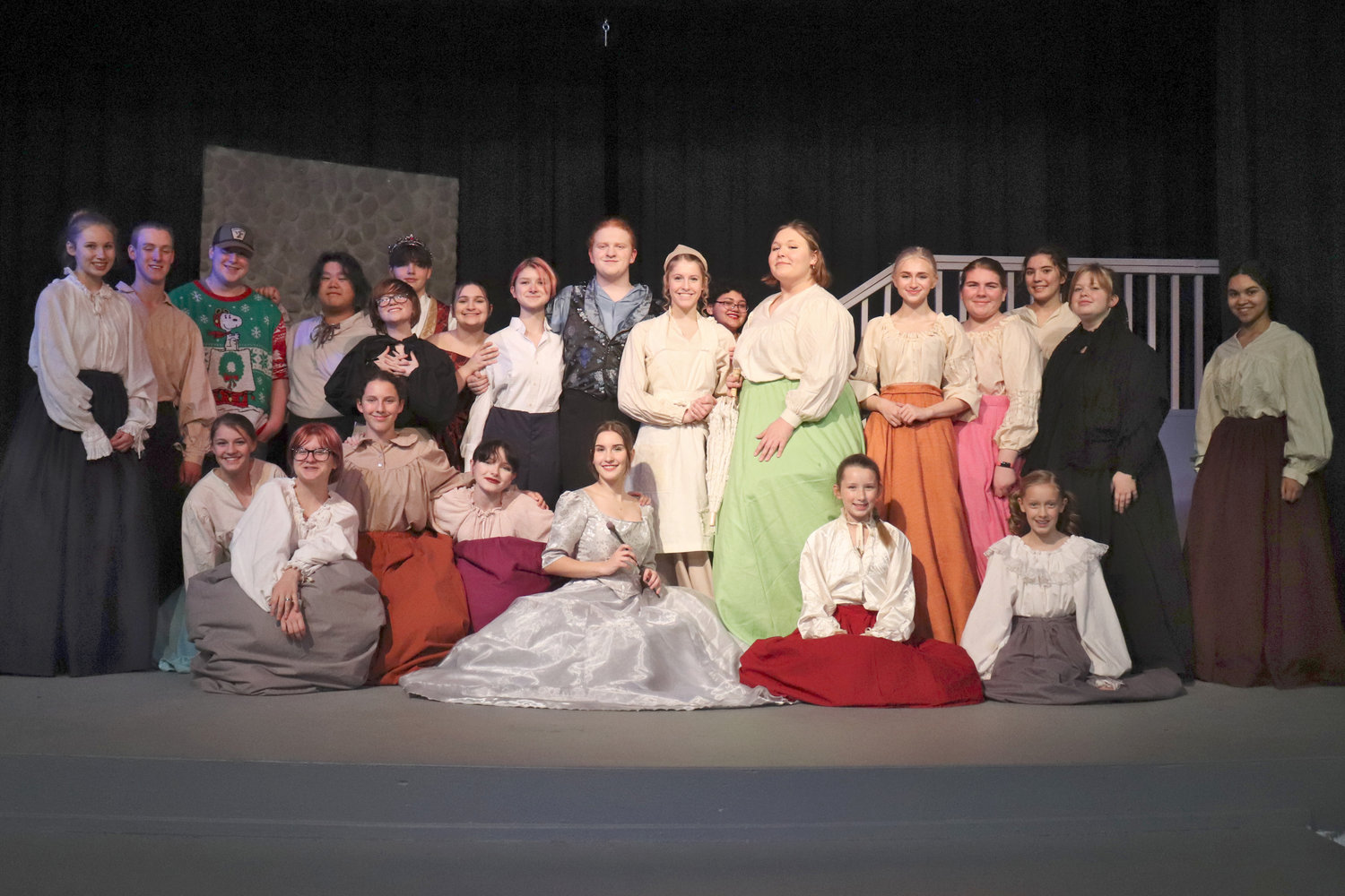 The cast of W.F. West High School’s production of Cinderella poses for a photo on stage at the school’s theater in Chehalis on Tuesday. A full story on W.F. West High School’s winter musical will be published in the Saturday, Dec. 10, edition of The Chronicle. 