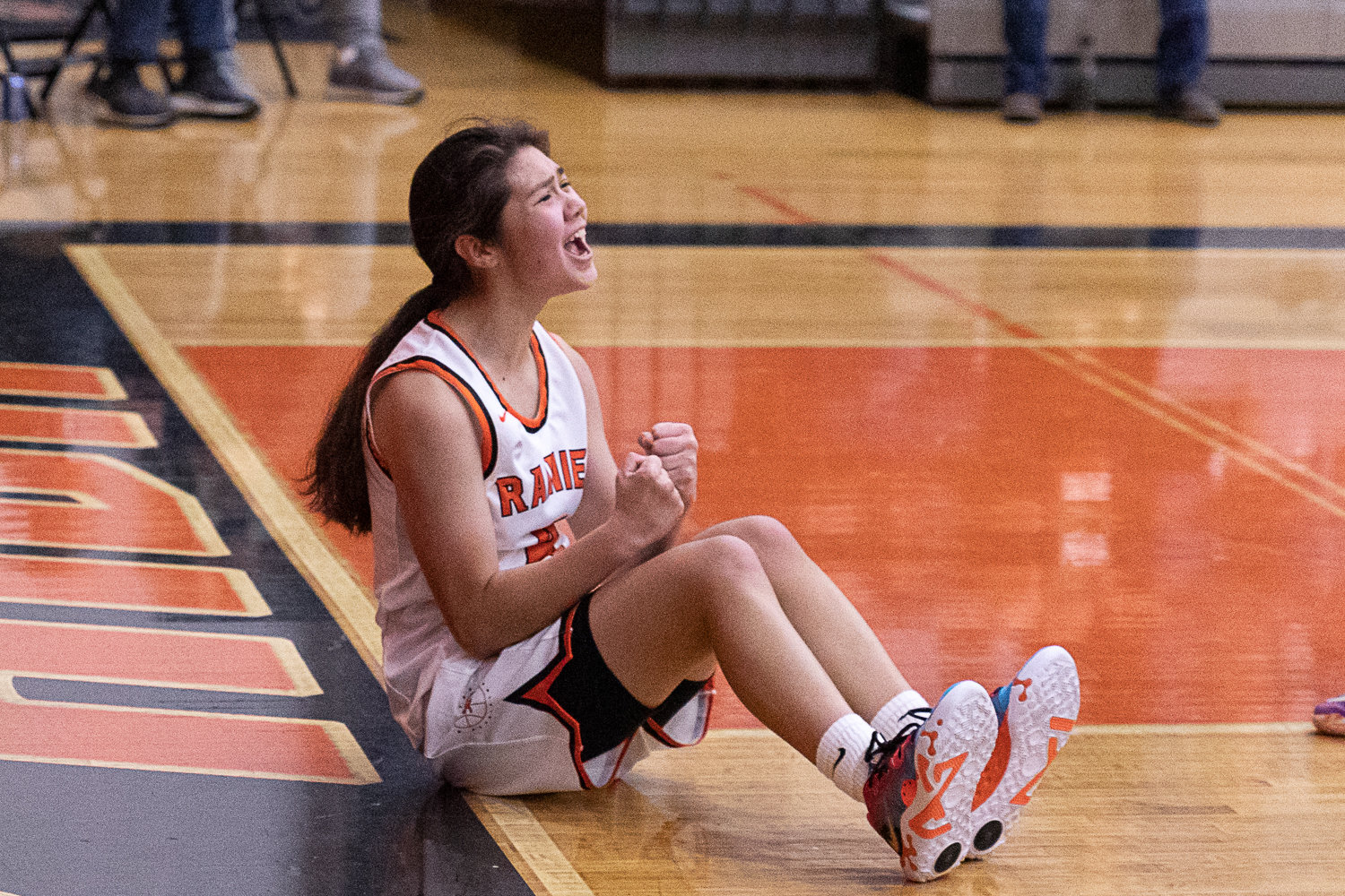 Rainier guard Angelica Askey yells after an and-one against Adna Dec. 7.