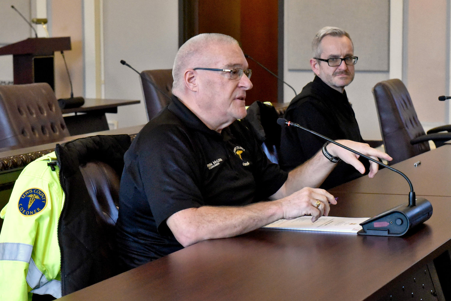 FILE PHOTO — Lewis County Coroner Warren McLeod speaks during a meeting at the Lewis County Courthouse in January, 2023.