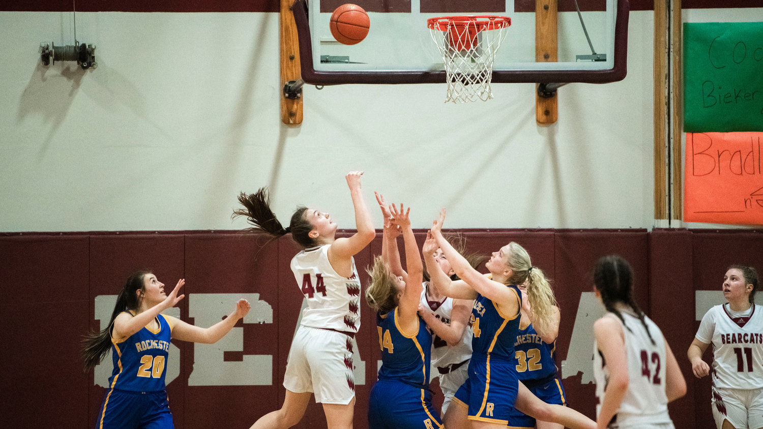 W.F. West’s Julia Dalan (44) puts up a shot during a game against Rochester in Chehalis Thursday night.