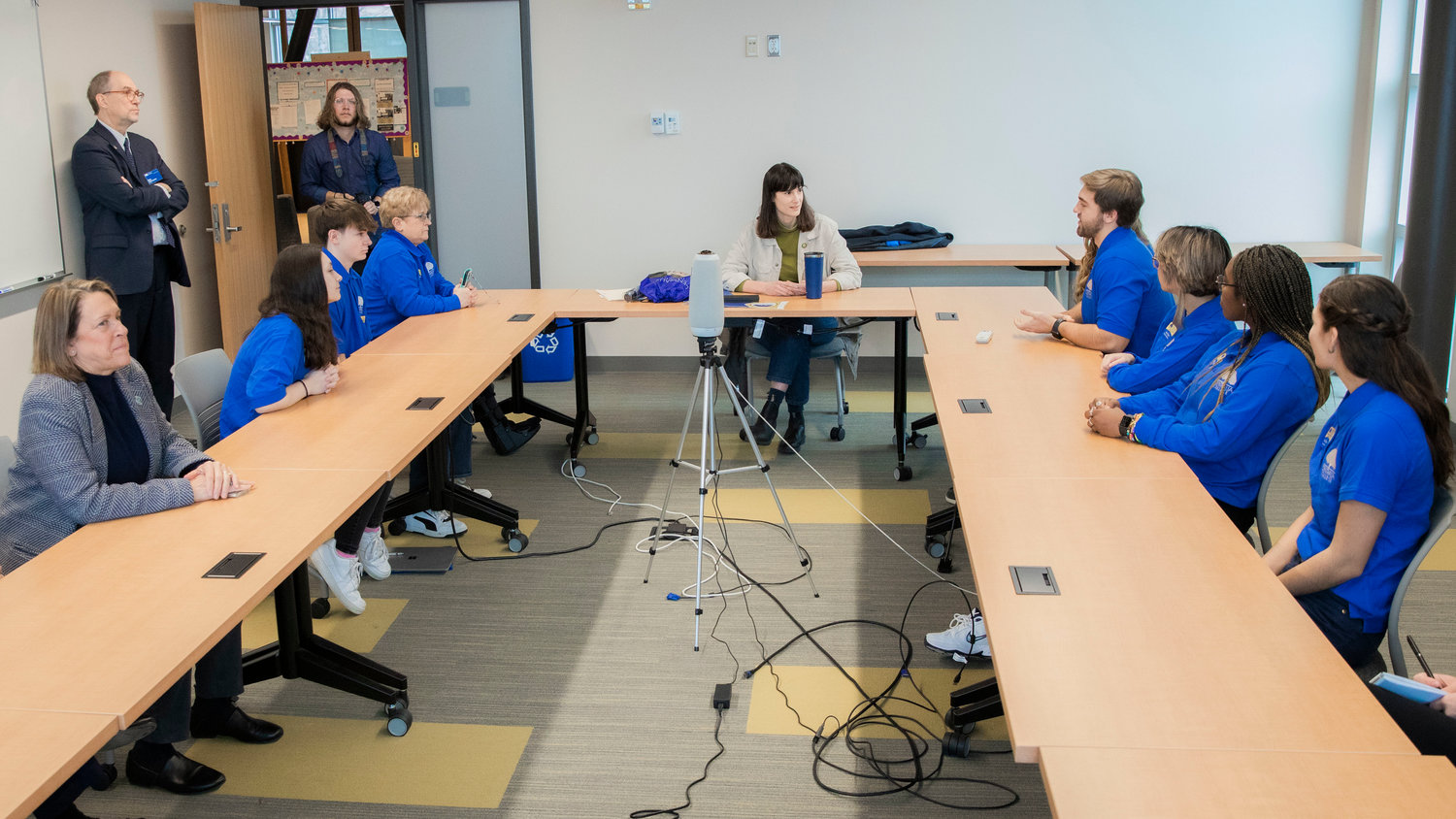 Marie Gluesenkamp Perez talks to students at Centralia College before a tour of the campus on Friday.