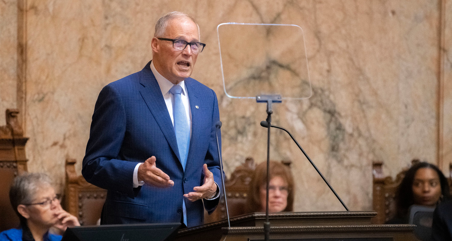 Governor Jay Inslee makes his 2023 State of the State speech during the first in-person session since 2020 in early January.