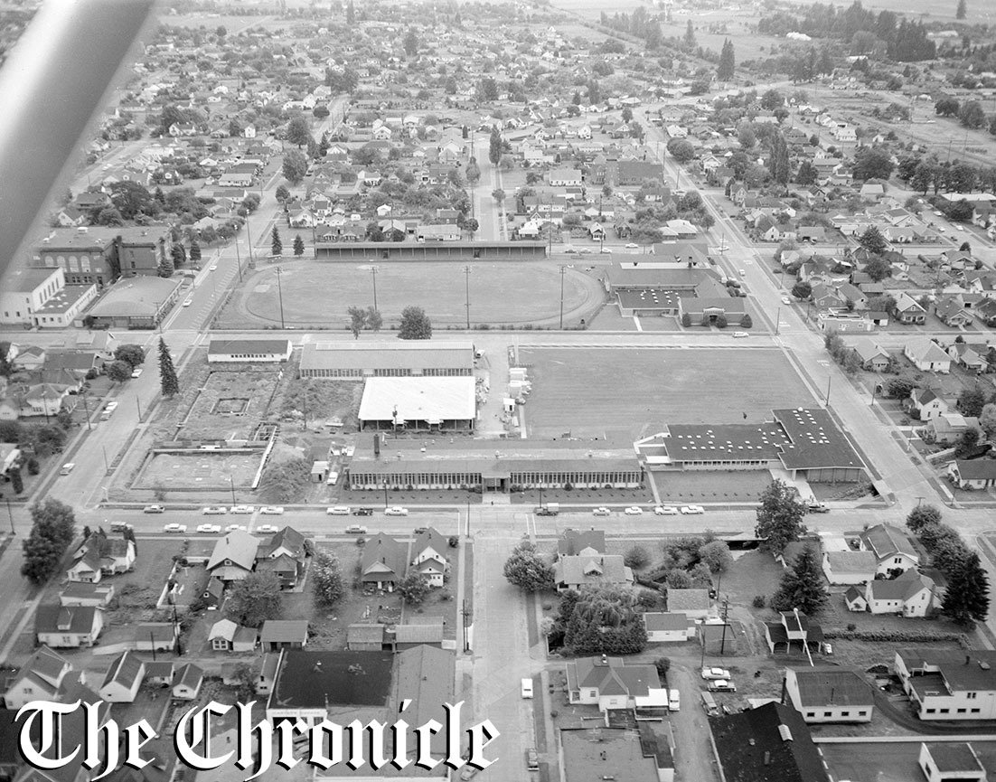 An aerial view of Centralia College and the surrounding area in August 1952. (From The Chronicle archives)
