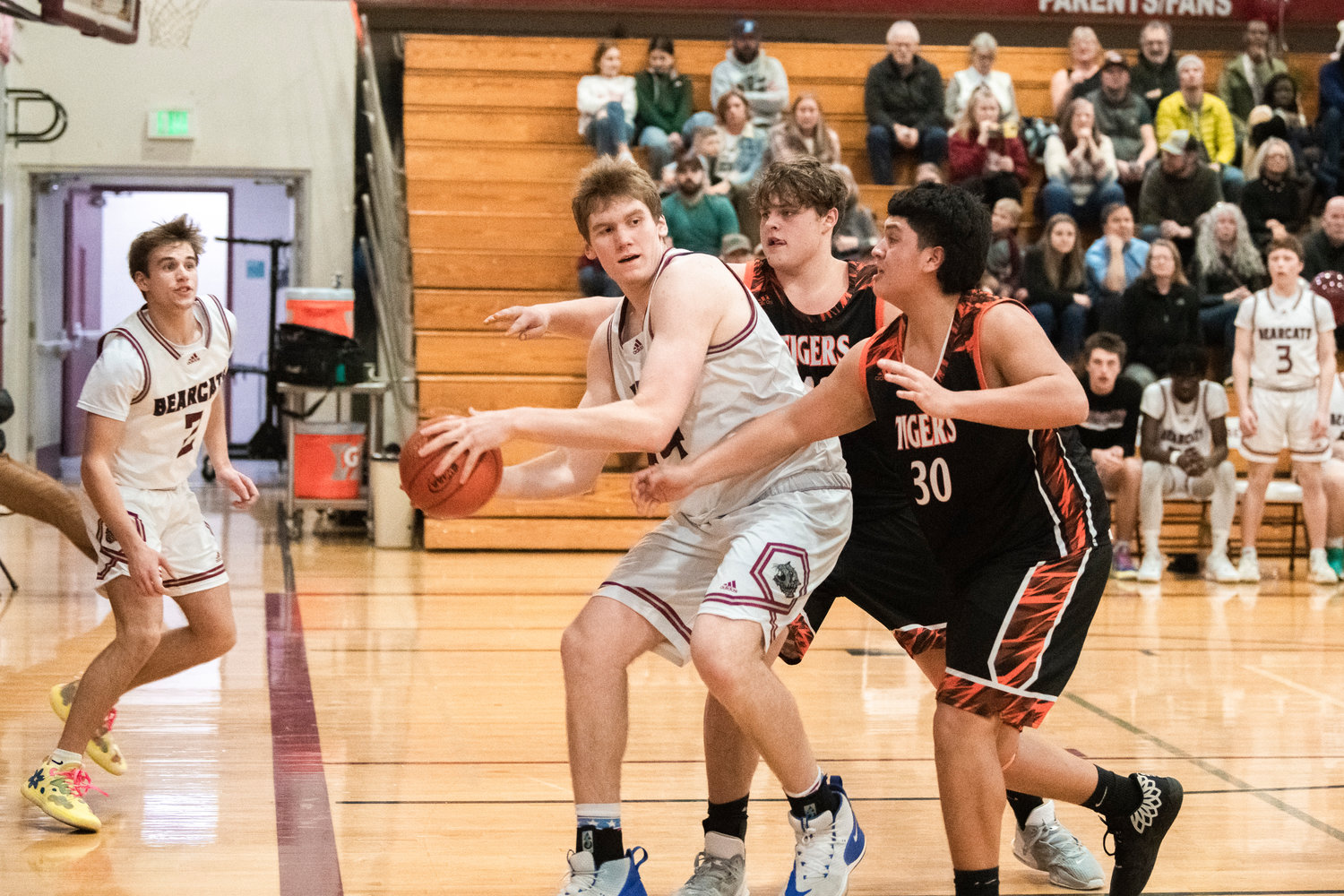 W.F. West senior Soren Dalan (44) looks to pass after snagging a rebound during a Tuesday night game in Chehalis.