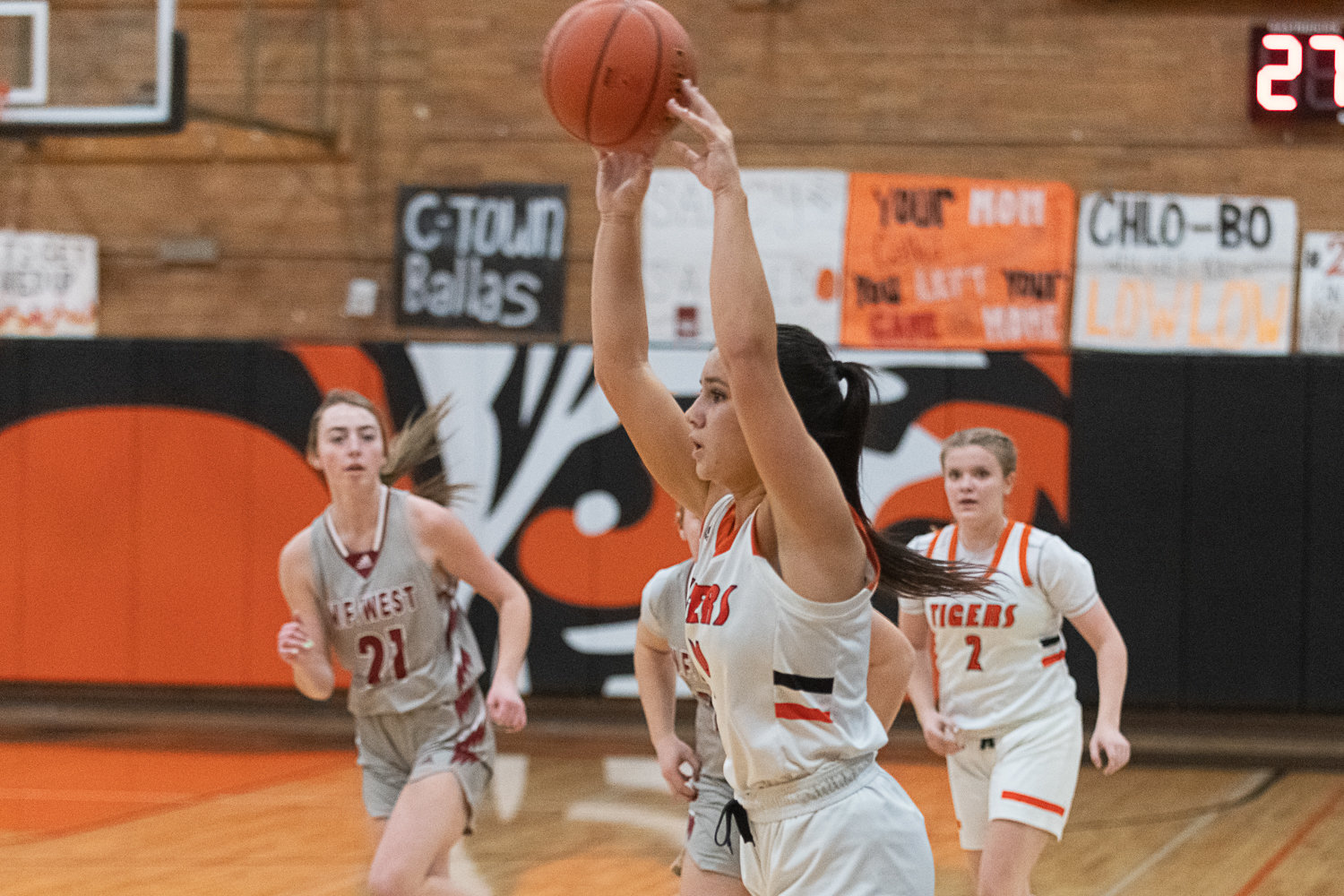 Centralia's Liliana Babka wings a pass into the post during the first quarter of the Tigers' 71-23 loss to W.F. West on Feb. 1.