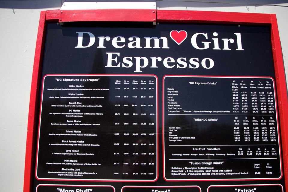The menu at Dream Girl Espresso's Forest Grove stand is shown here in 2013.