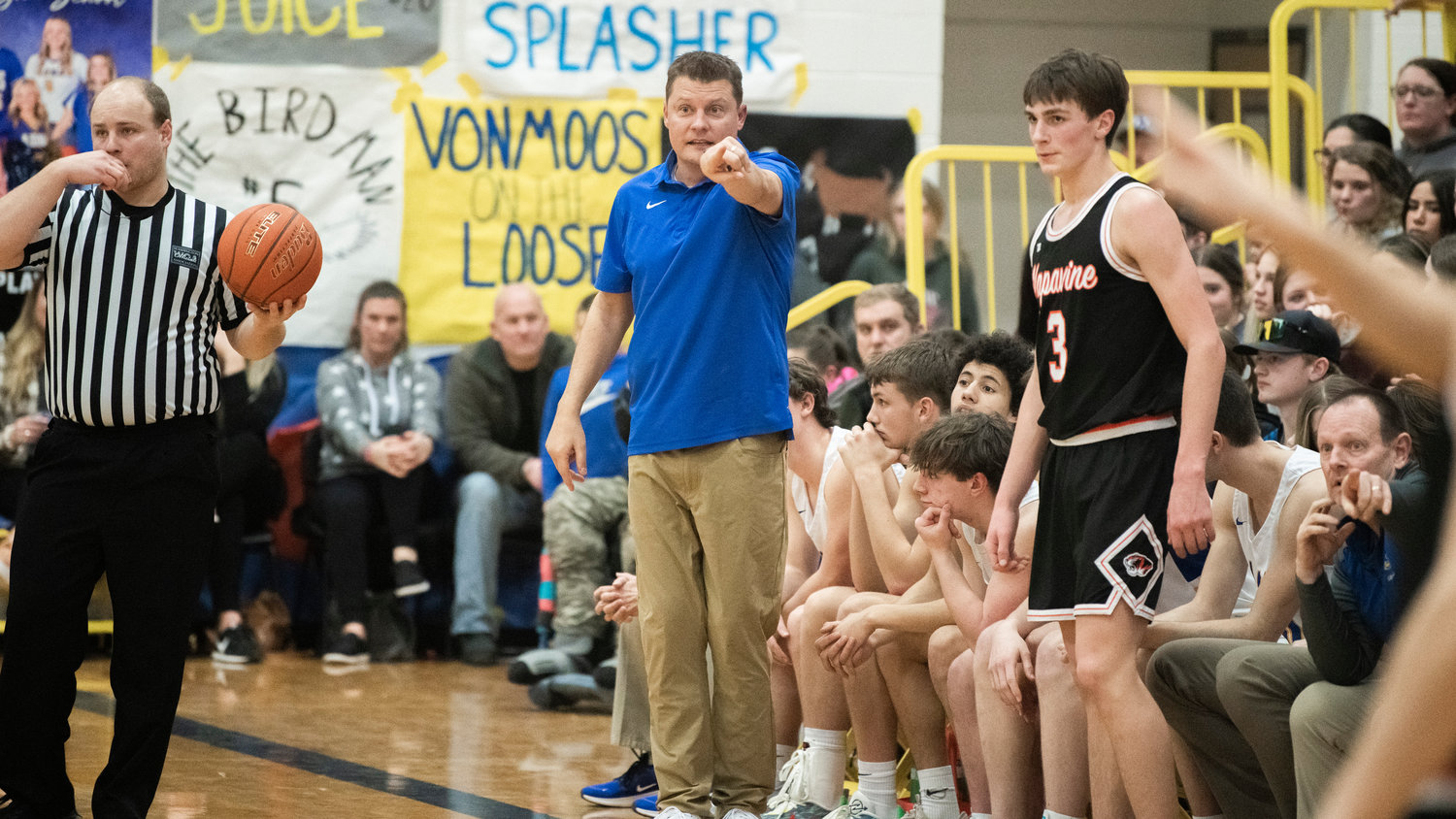 Adna Head Coach Luke Salme points players into position during a game against Napavine on Thursday at home.
