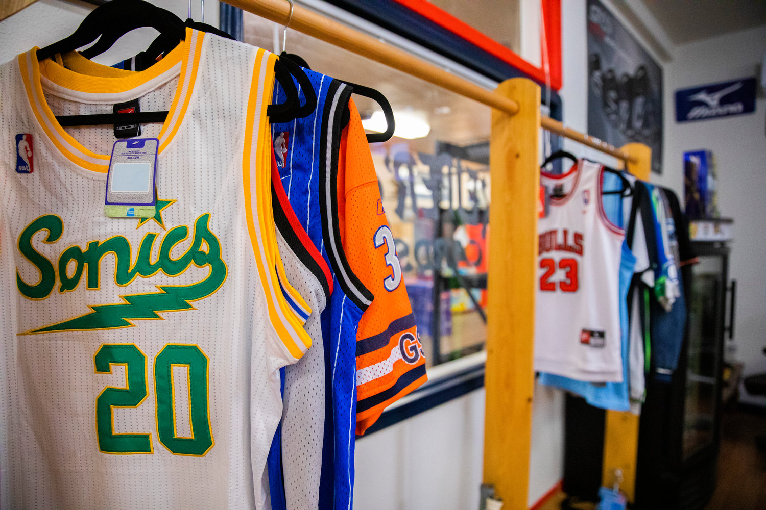 Jerseys hang on display inside Keiper’s Cards in downtown Centralia on Thursday.