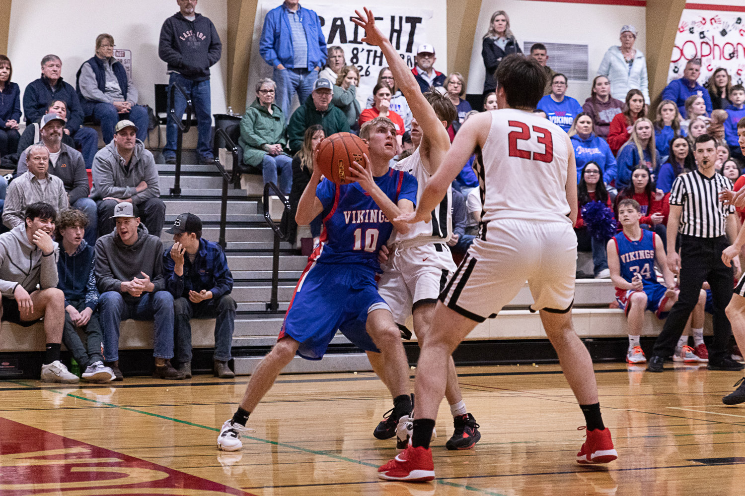 Willapa Valley guard Riley Pearson looks to get past the Mossyrock defense in a 51-49 win Feb. 3.