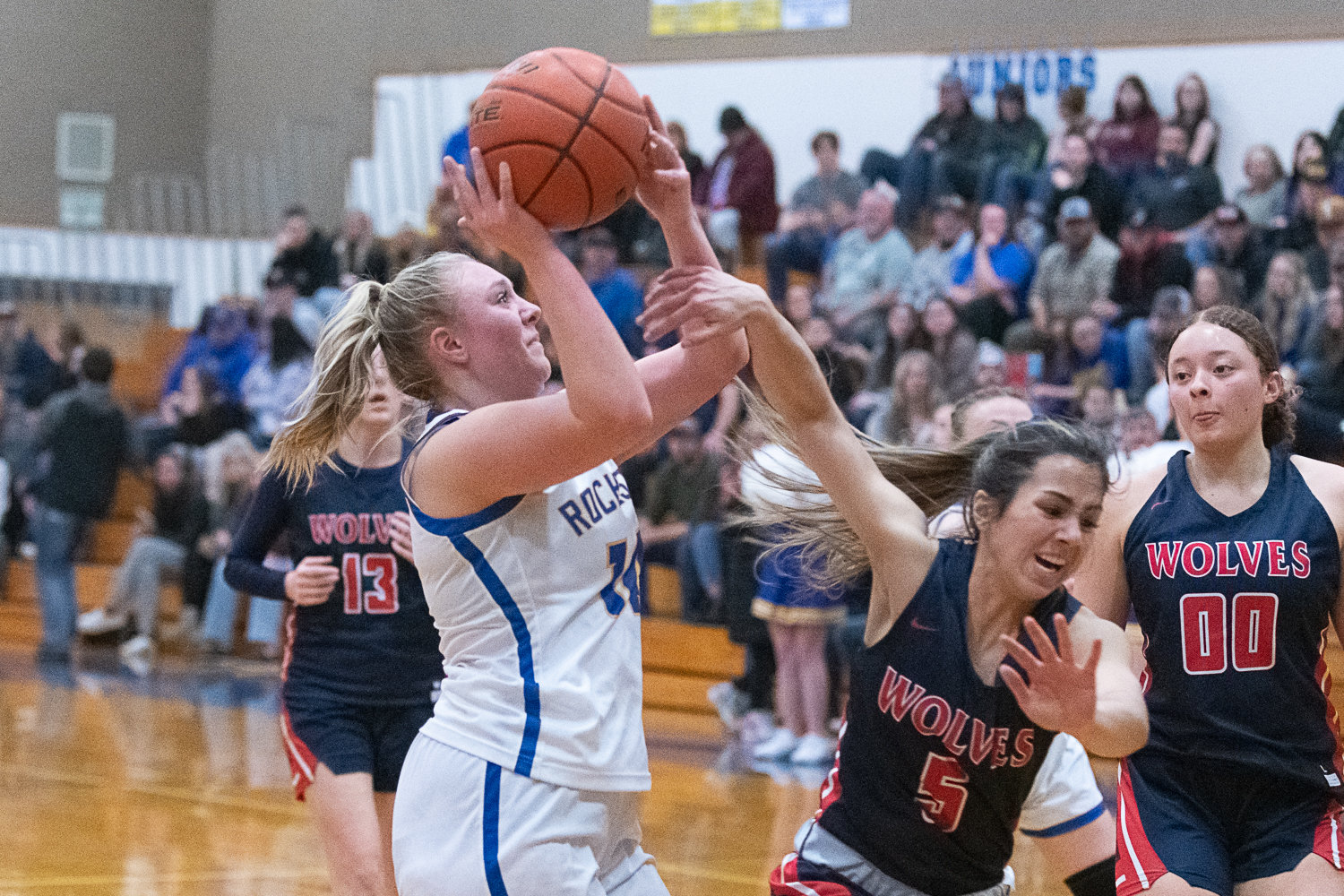 Black Hills' Amanda Aybar gets a piece of Rochester's Hailey Angwood on a transition opportunity during the Wolves' loss to the Warriors on Feb. 3.