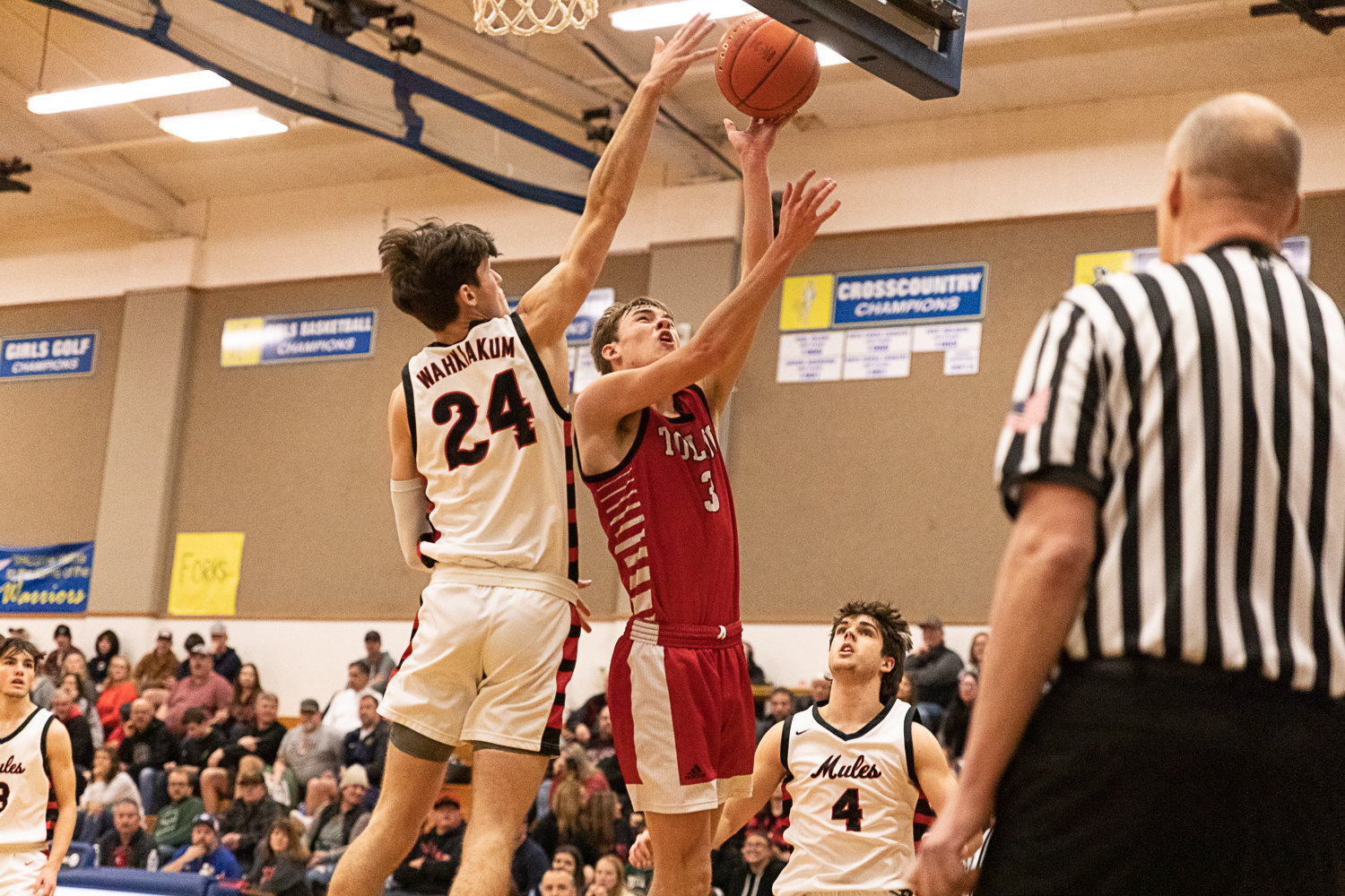 Toledo guard Rogan Stanley gets his shot blocked by Wahkiakum's Kyler Sause in the first round of the 2B District 4 tournament Feb. 4 at Rochester.