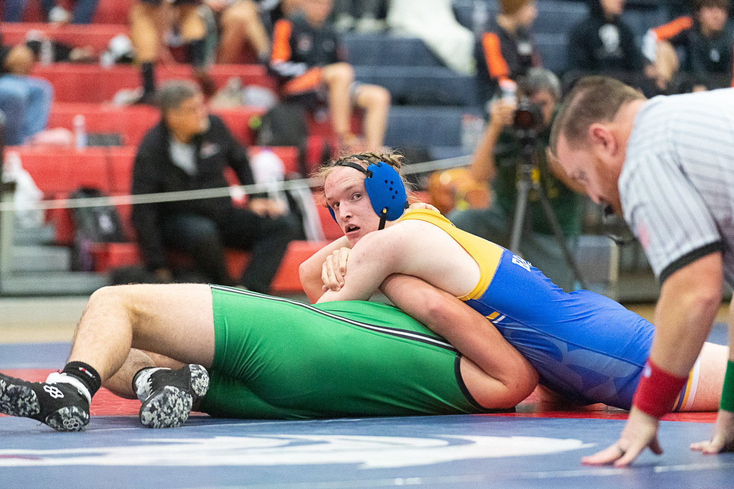 Rochester's Jack Dane pins Tumwater's Tristan Poulos in the third-place match of the 195-pound division at the 2A Evergreen Sub-Regional Tournament at Black Hills on Feb. 4.