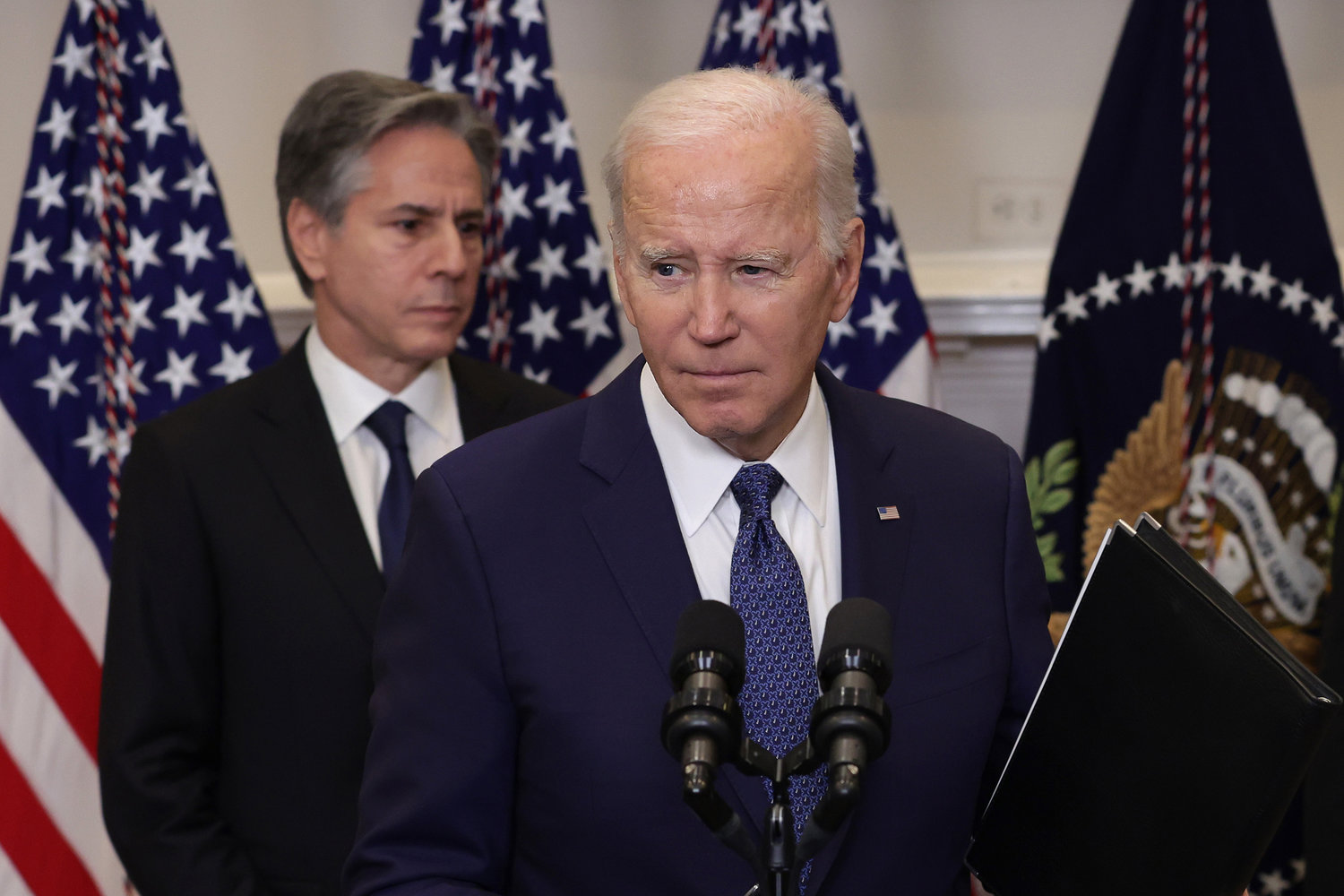 President Joe Biden makes an announcement on additional military support for Ukraine as Secretary of State Antony Blinken listens in the Roosevelt Room of the White House in Washington, D.C., on Jan. 25, 2023. (Alex Wong/Getty Images/TNS)