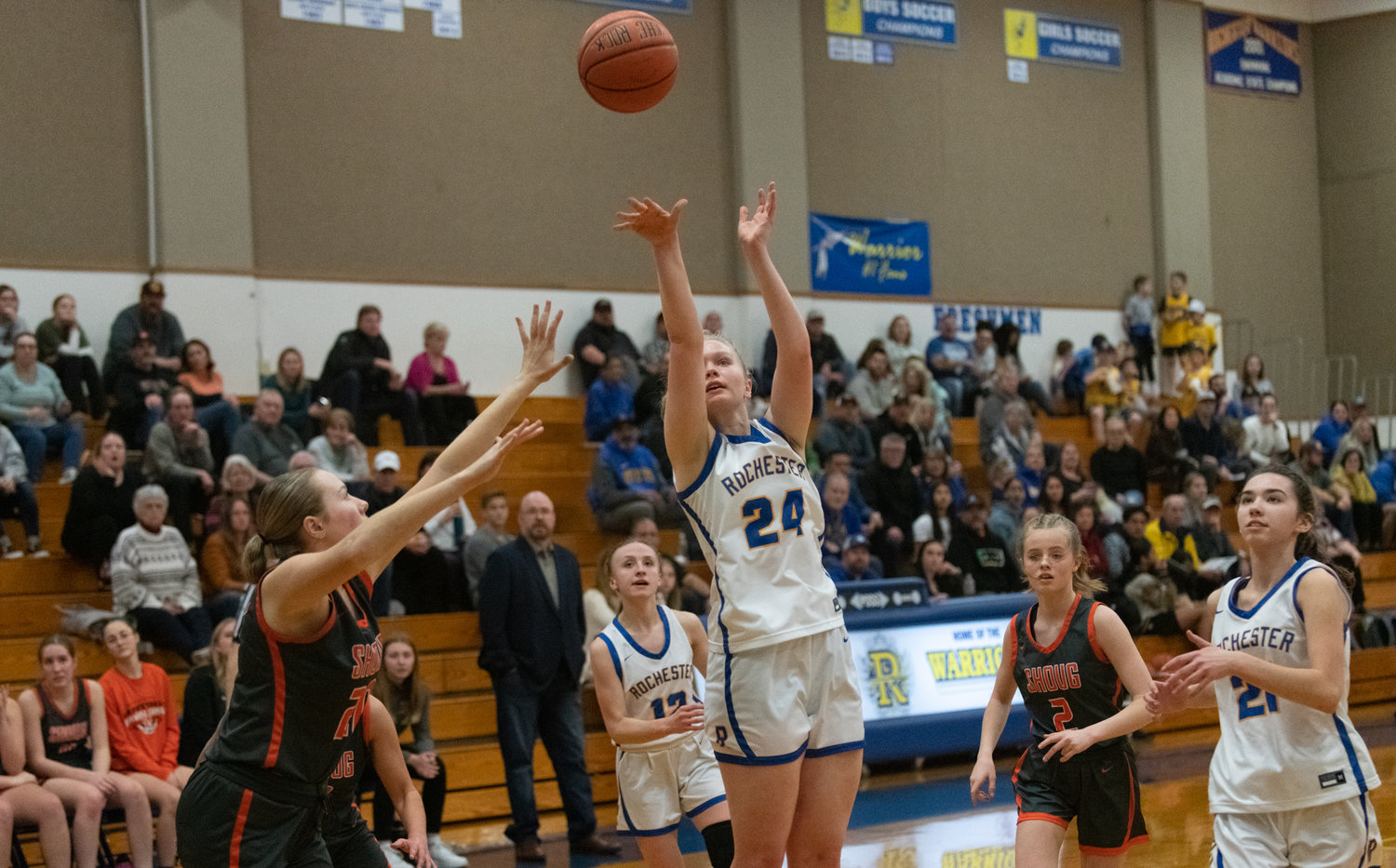 Delany Winter takes a shot during the first half of Rochester's 49-26 loss to Washougal in the pigtail game of the 2A District 4 tournament on Feb. 8.