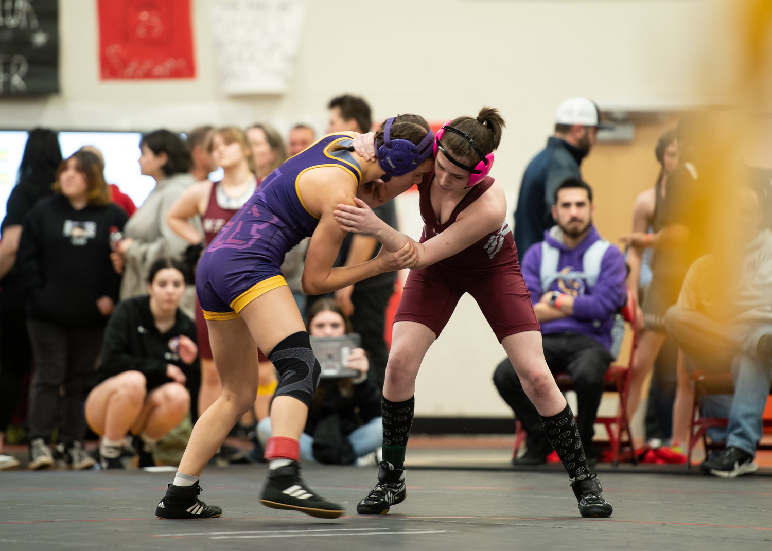 W.F. West's Shelby Hazlett wrestles with Columbia River's Nolin Darling Saturday afternoon at the 1B/2B/1A/2A Regional in Shelton.