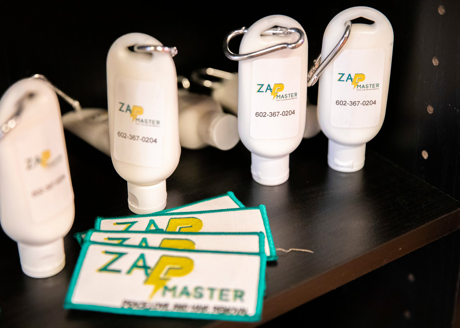 Products and patches sit on display at Zap Master Electrology in downtown Centralia on Thursday.