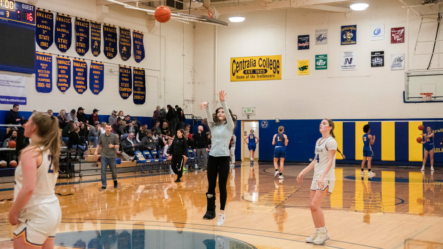 Mossyrock’s Payton Torrey warms up for a three-point competition during a Southwest Washington High School All-Star game at Centralia College Friday night.