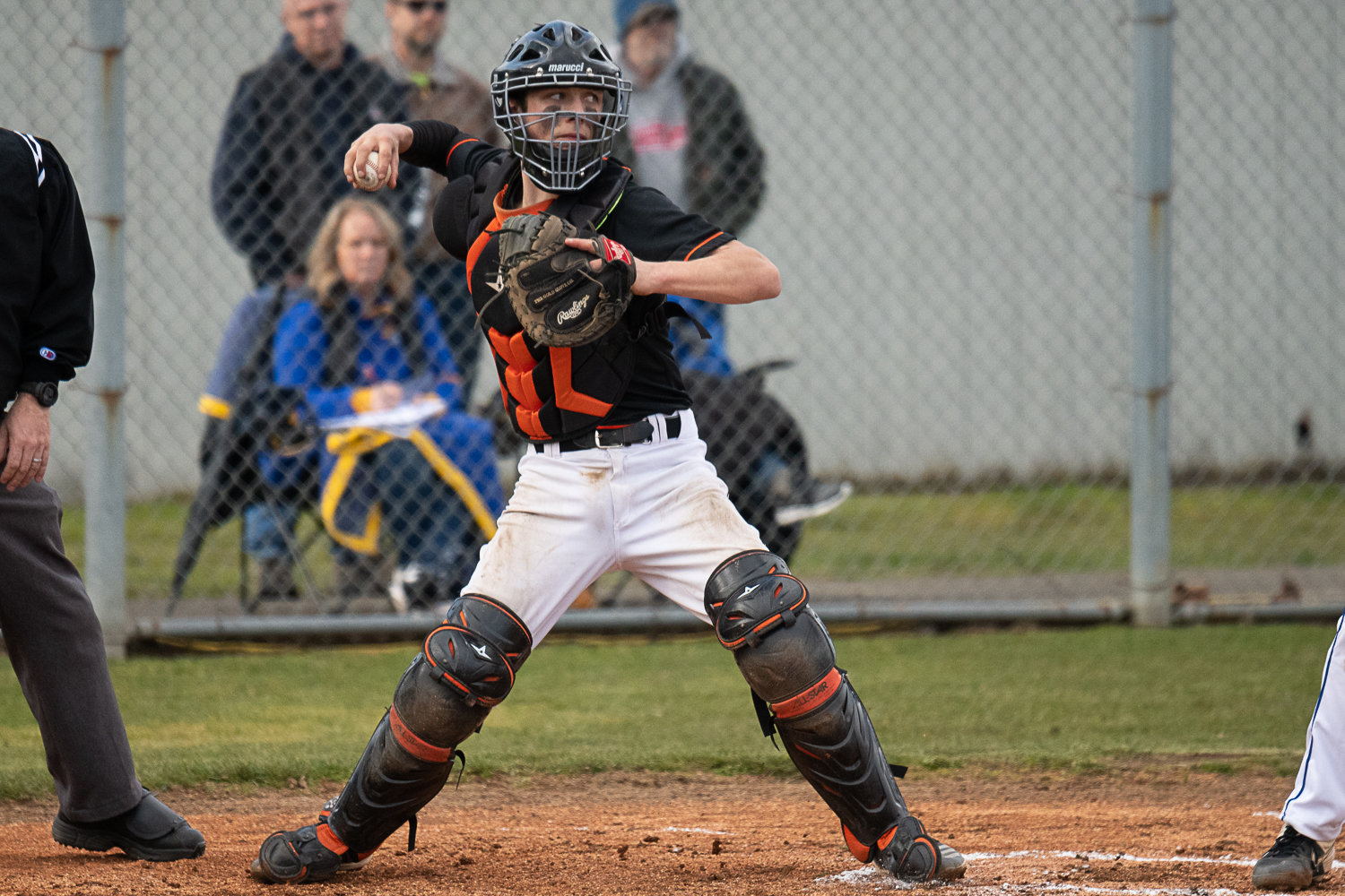 Napavine catcher Ashton Demarest throws down to second during the Tigers' 10-4 loss at Adna on March 15.