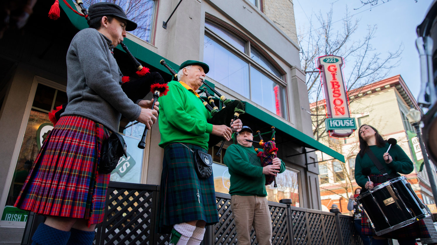 From left, bagpipers Orion Hunter, Bill Collins, Mud Piper and Bre Shepherd bring sounds of St. Patrick’s Day to downtown Centralia outside O’Blarney’s Irish Pub on Thursday.