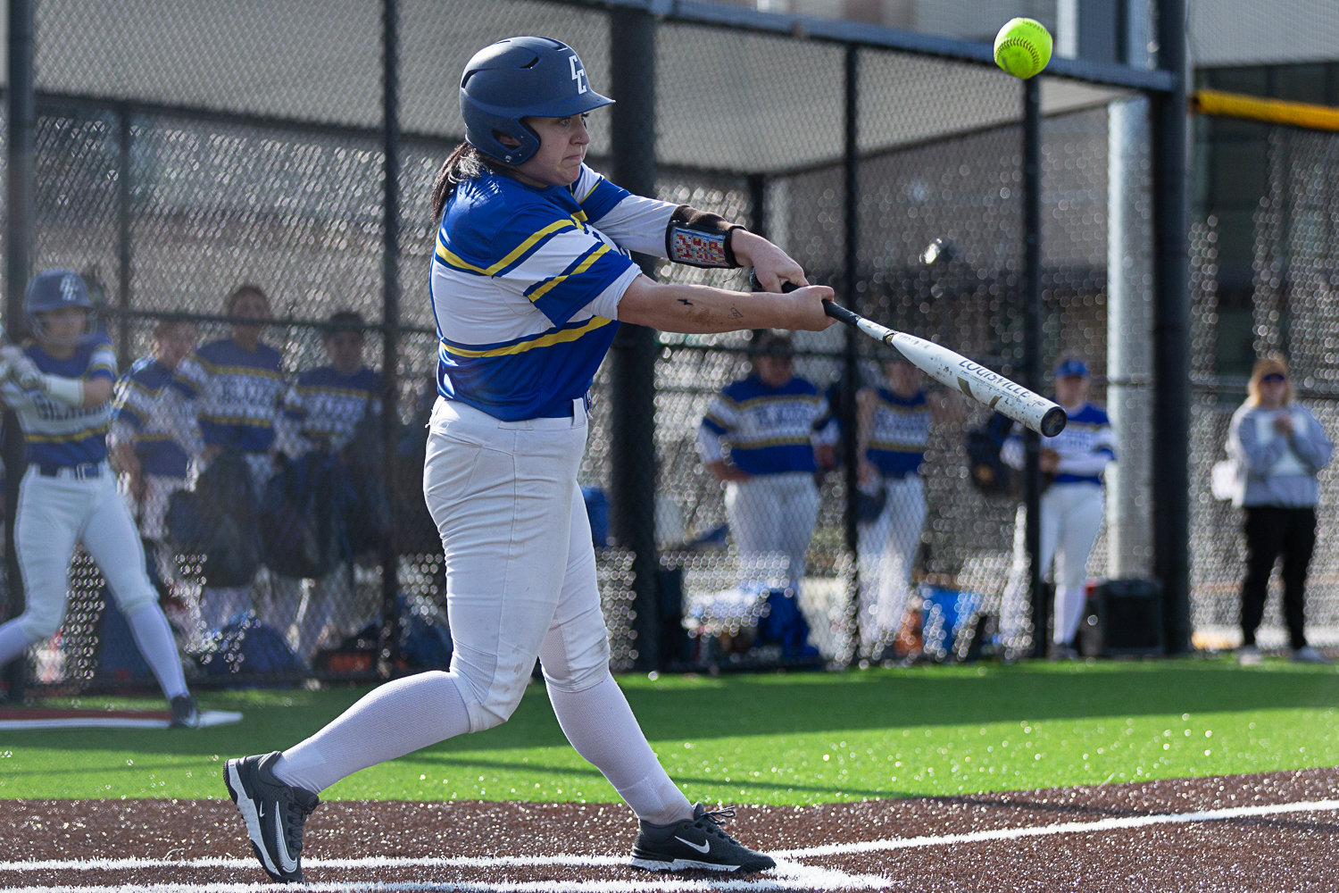 Centralia College first baseman Kaylee Ashley makes contact with a pitch against Clark in Centralia March 17.